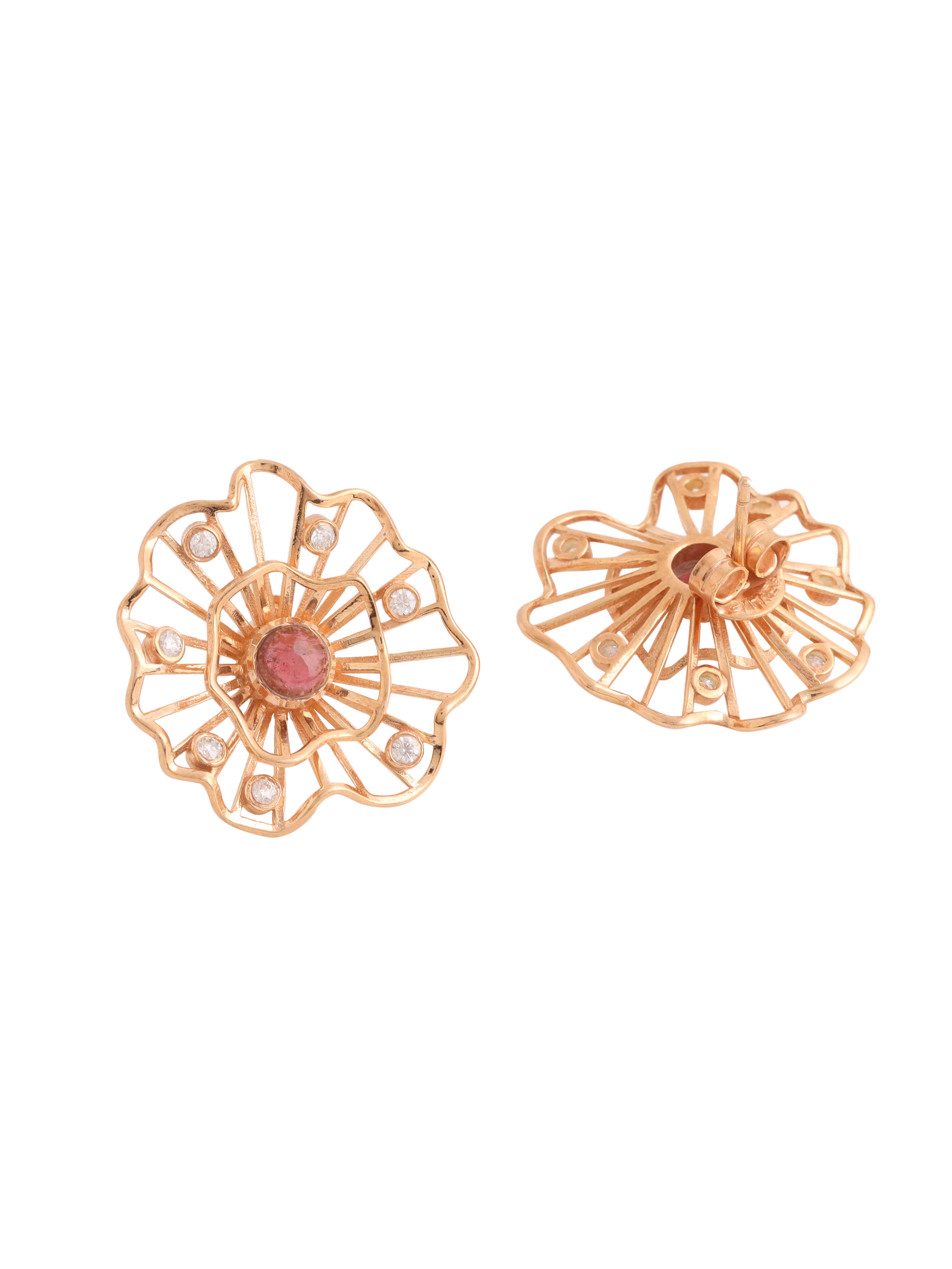 Flounce Rose Gold Earrings with Moissanite and Pink Tourmaline - Kicky & Perky