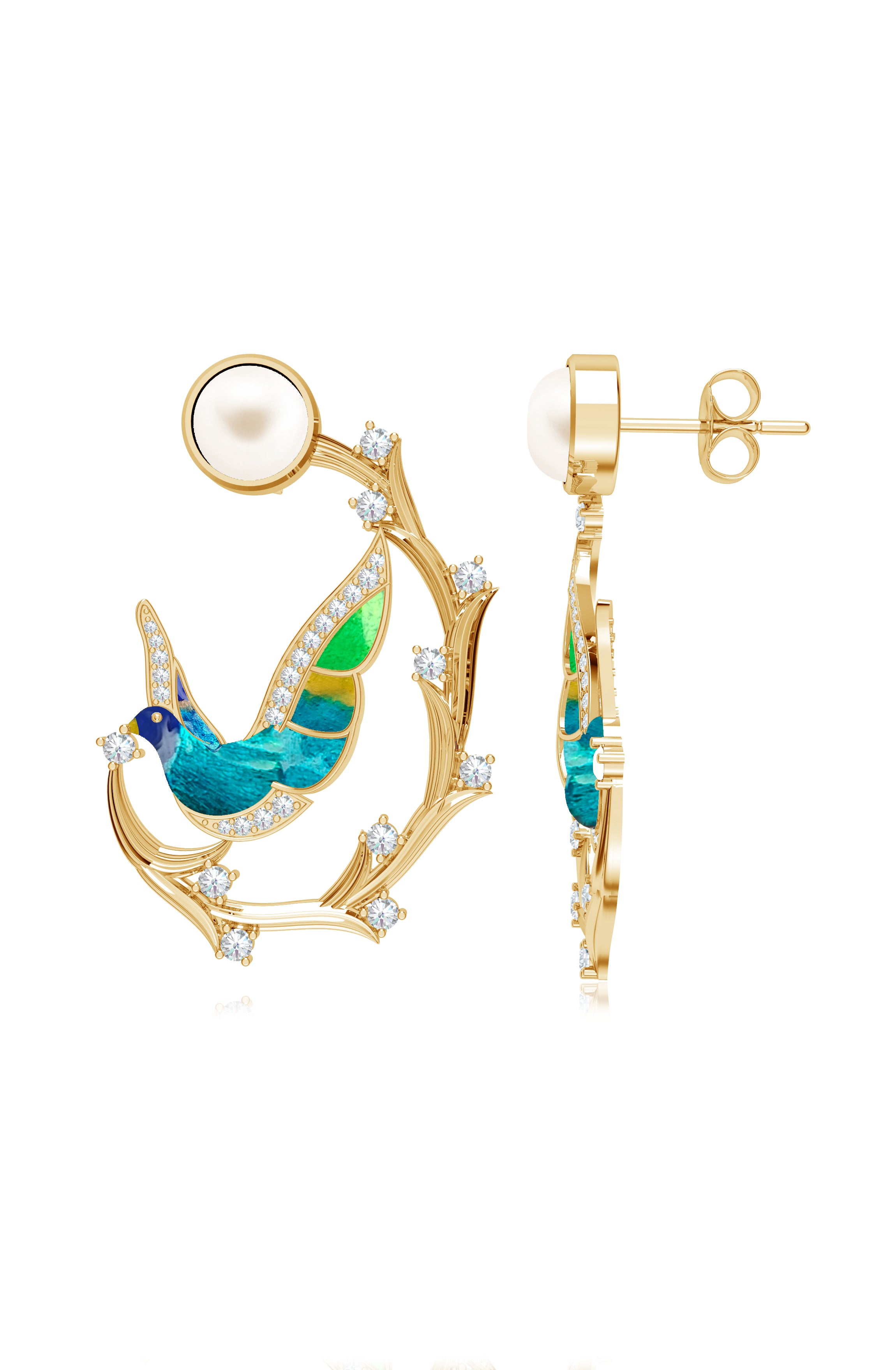 Enamel Shades of Pearl and Moissanite Earrings In Sterling Silver
