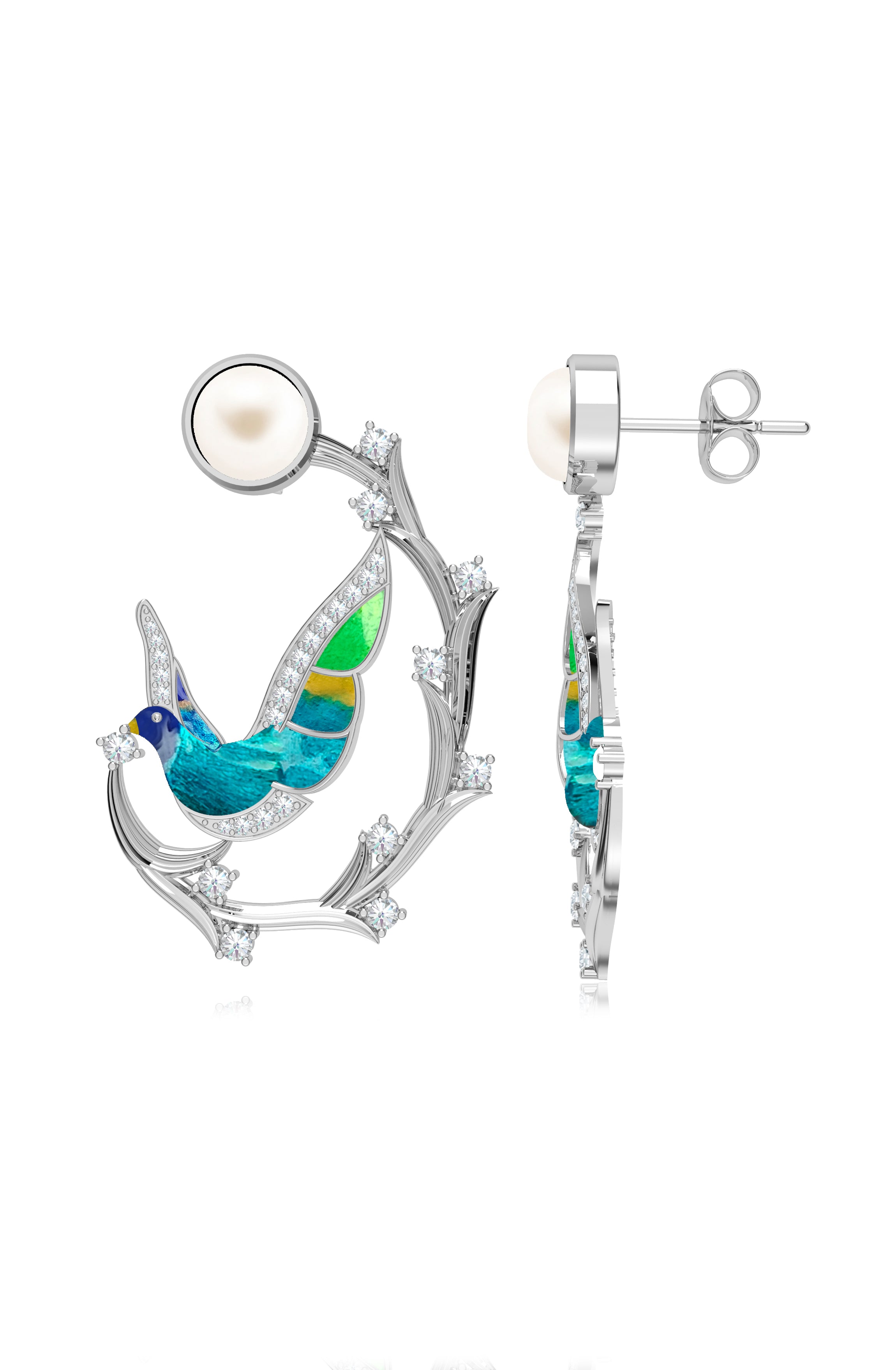 Enamel Shades of Pearl and Moissanite Earrings In Sterling Silver