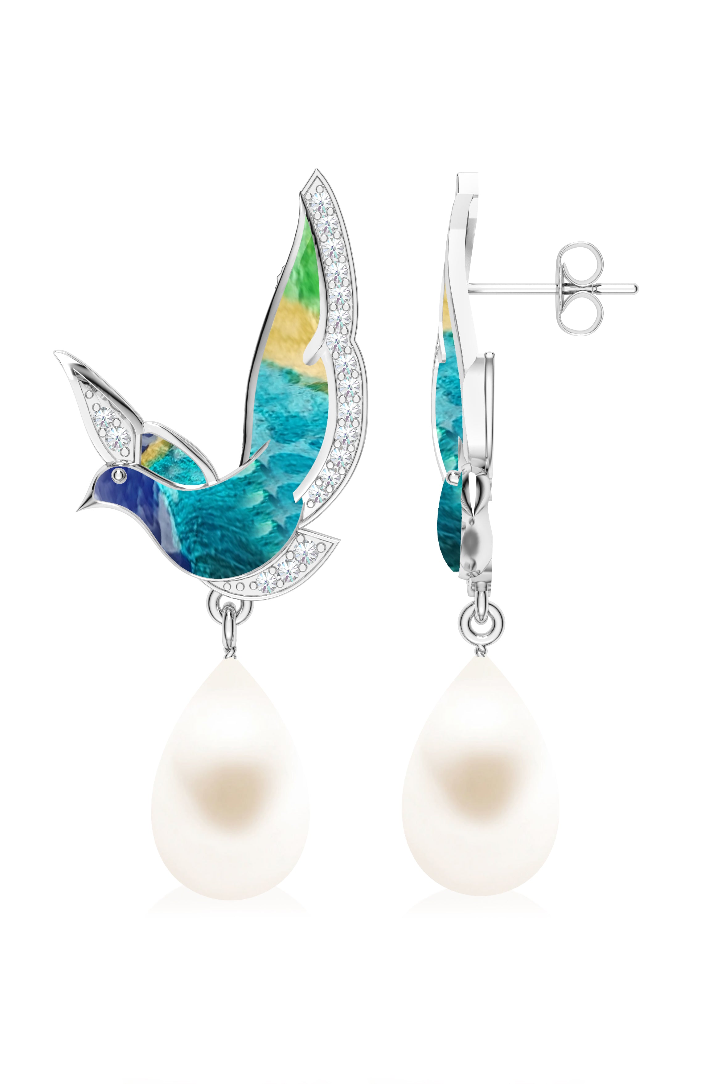 925 Enameled Wings of Tranquility with Pearl Earrings