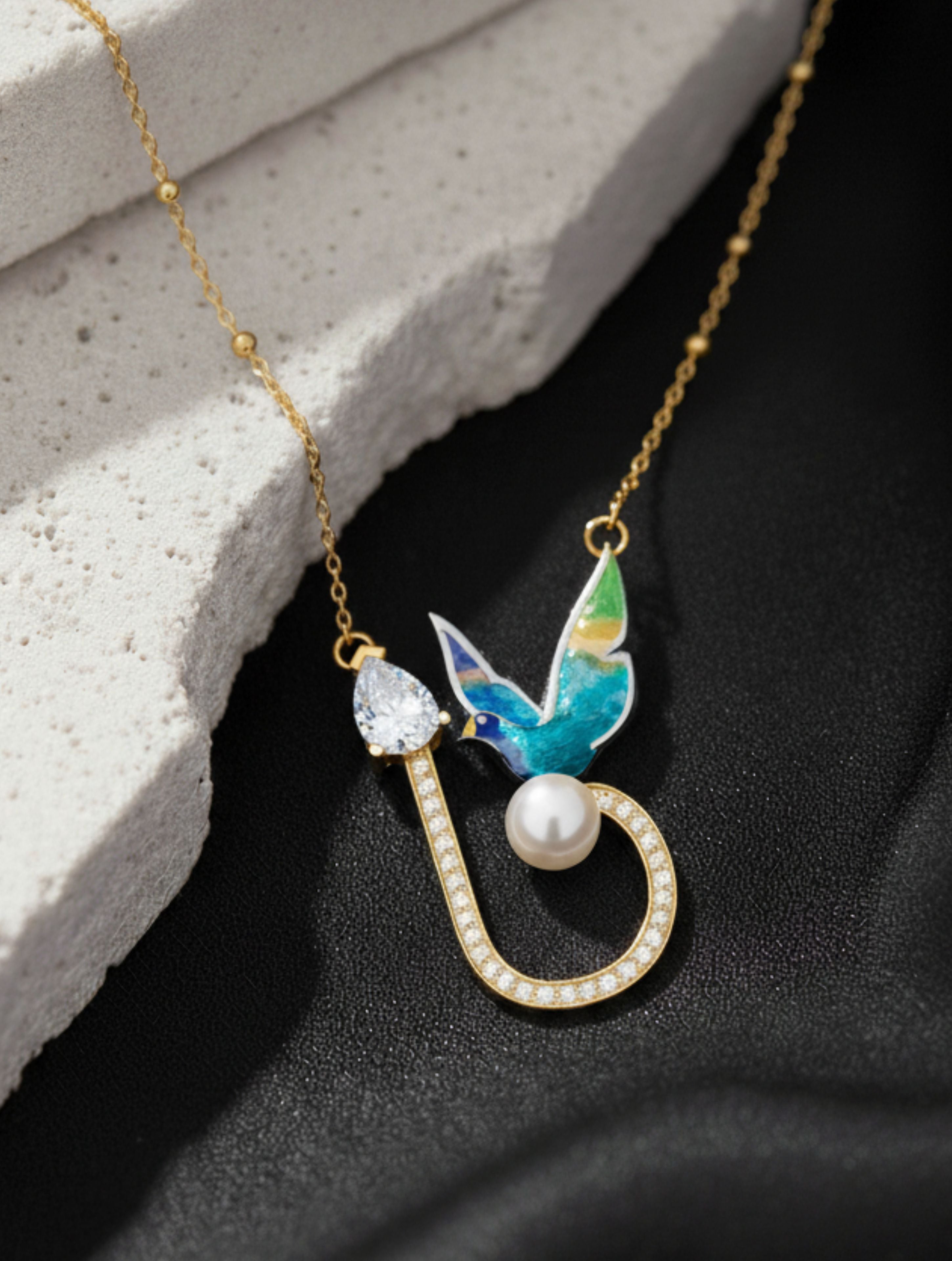 Enamel Bird on Pearl Sterling Silver Pendant