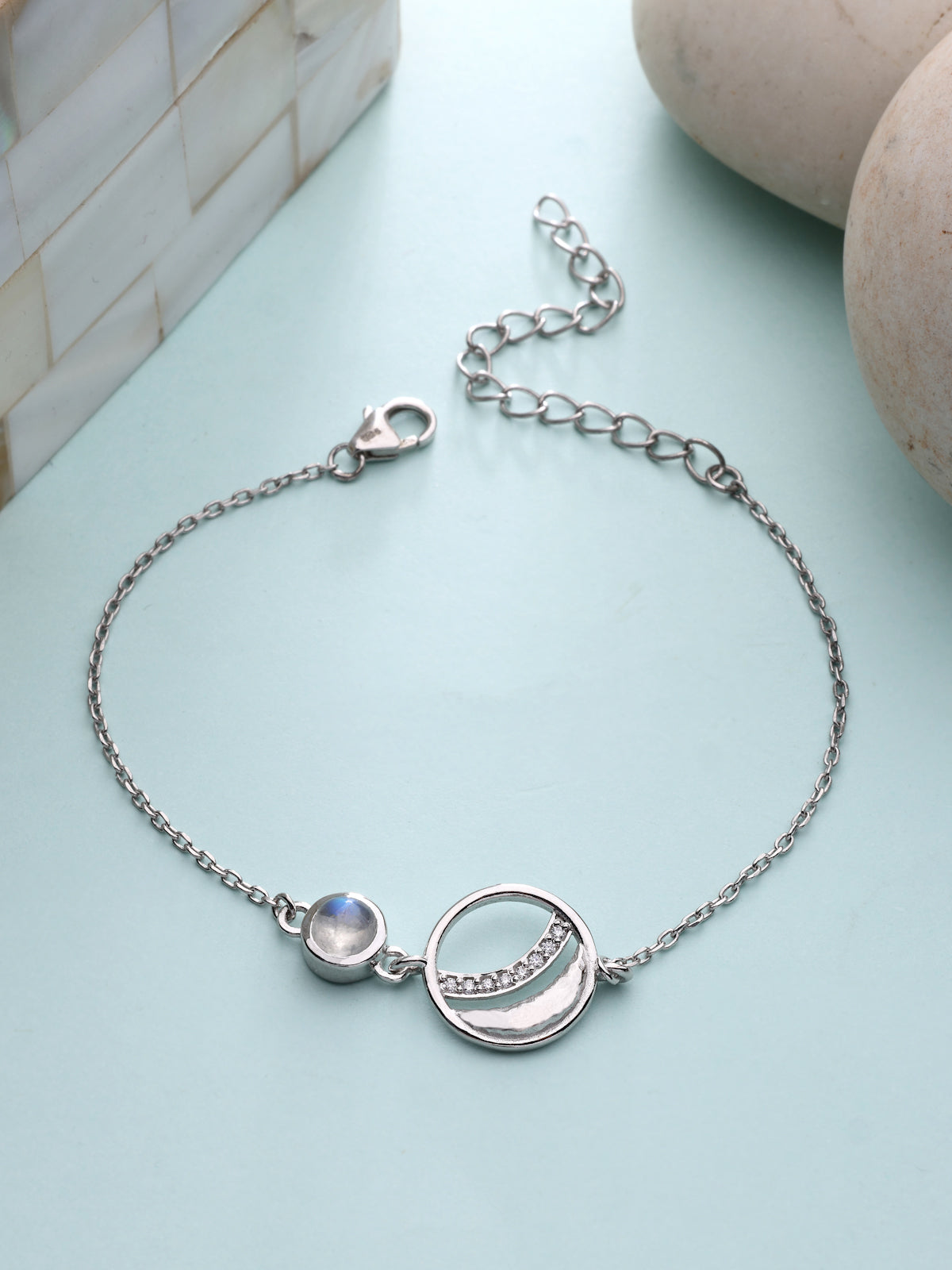 Rainbow Moonstone & Moissanite Orbital Bracelet in 925 Sterling Silver