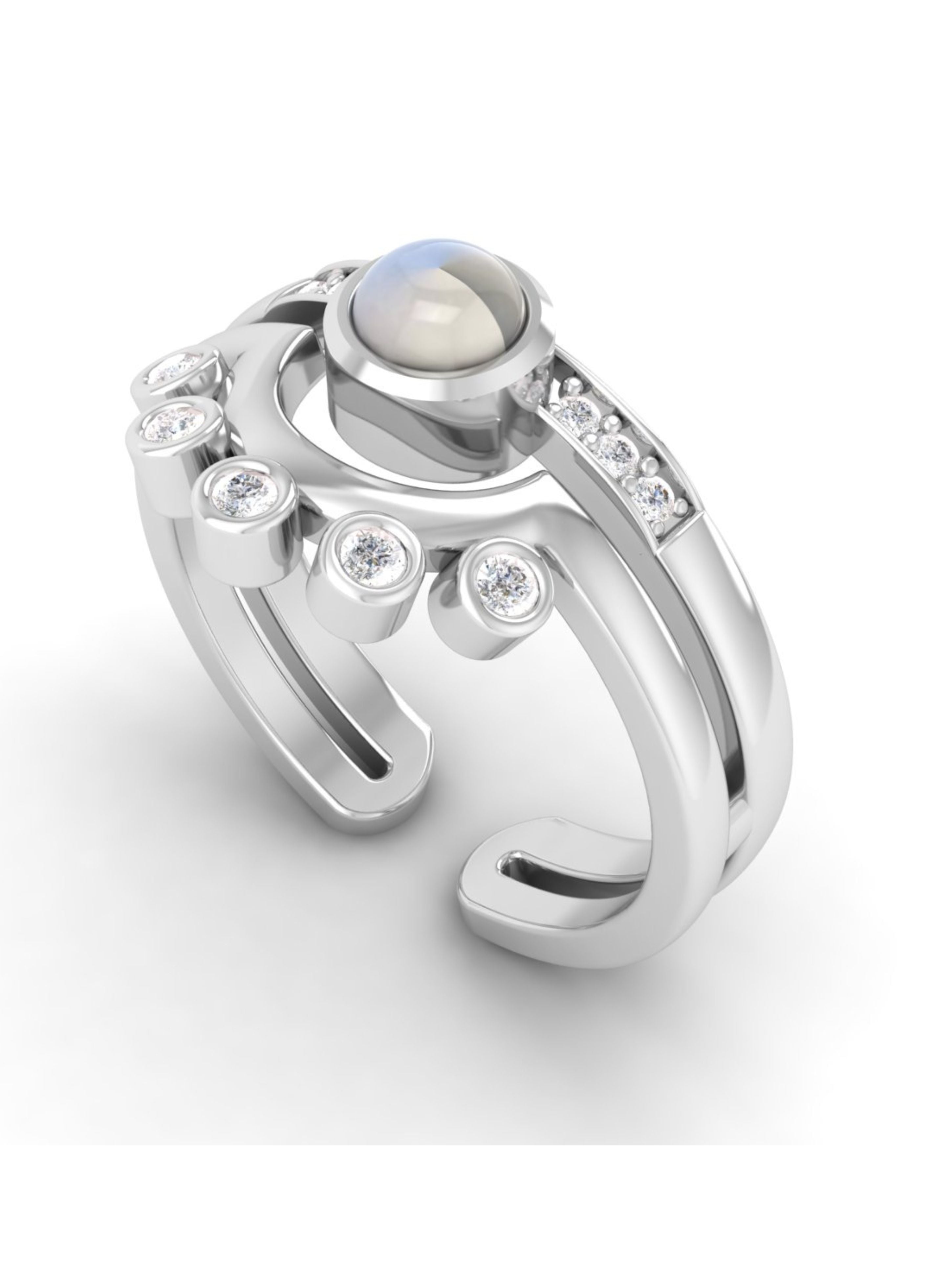 Rainbow Moonstone & Moissanite Adjustable Ring in 925 Sterling Silver