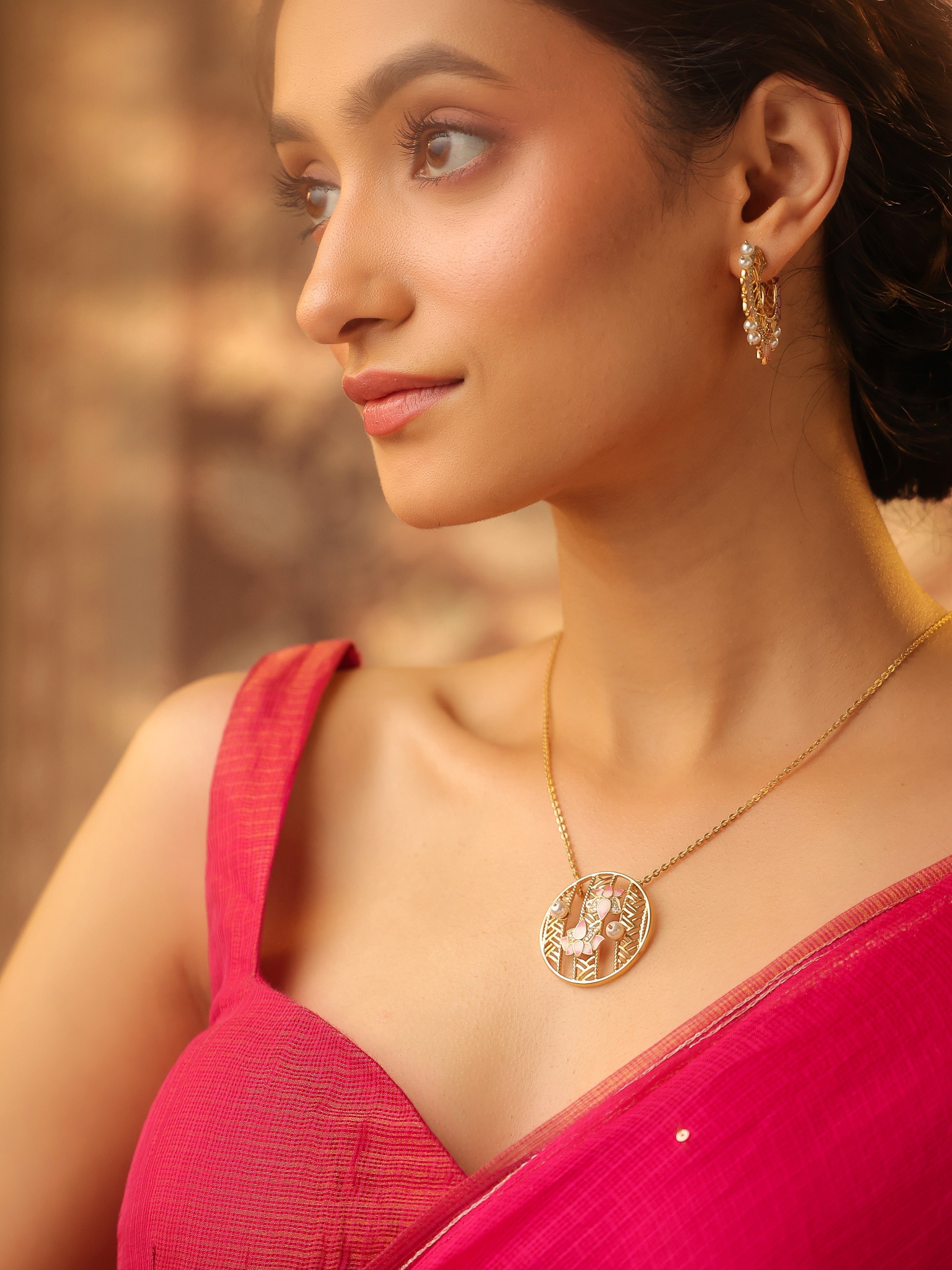 Madhubani Art with Moissanite & Green Onyx 925 Sterling Silver Pendant in 24K Gold For Women