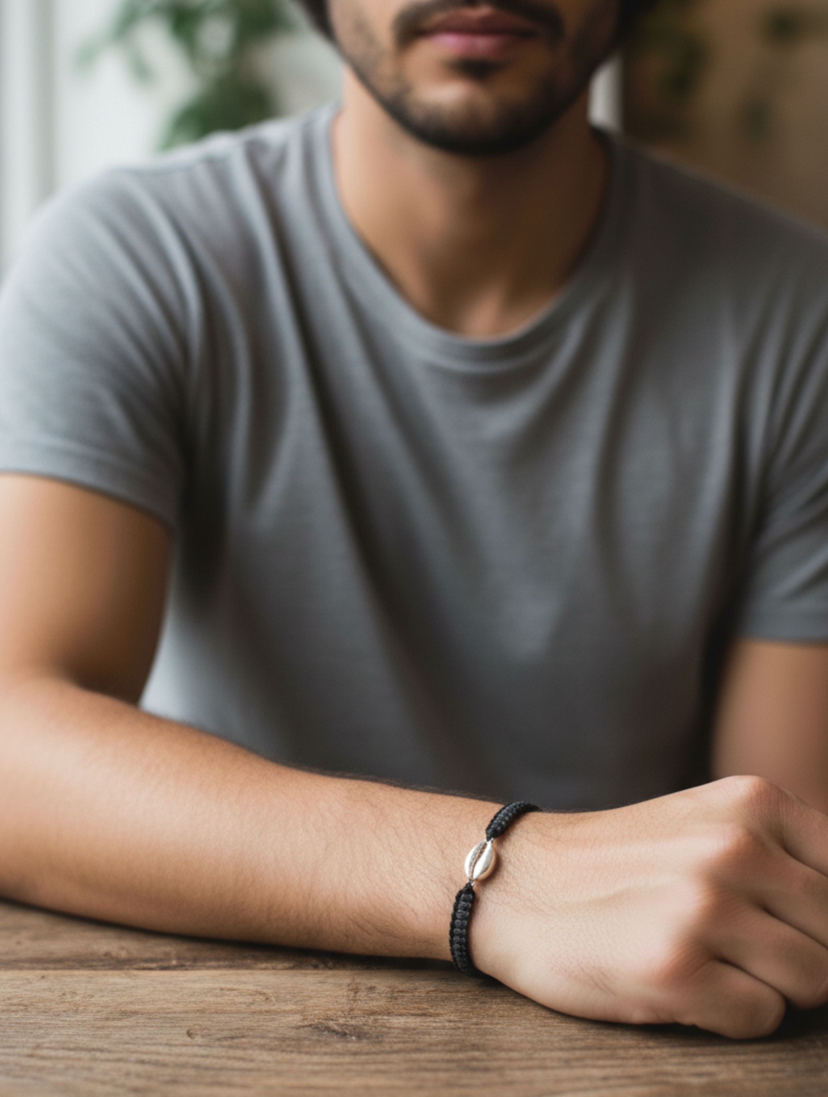 Cowrie Shell Black Braided 925 Sterling Bracelet