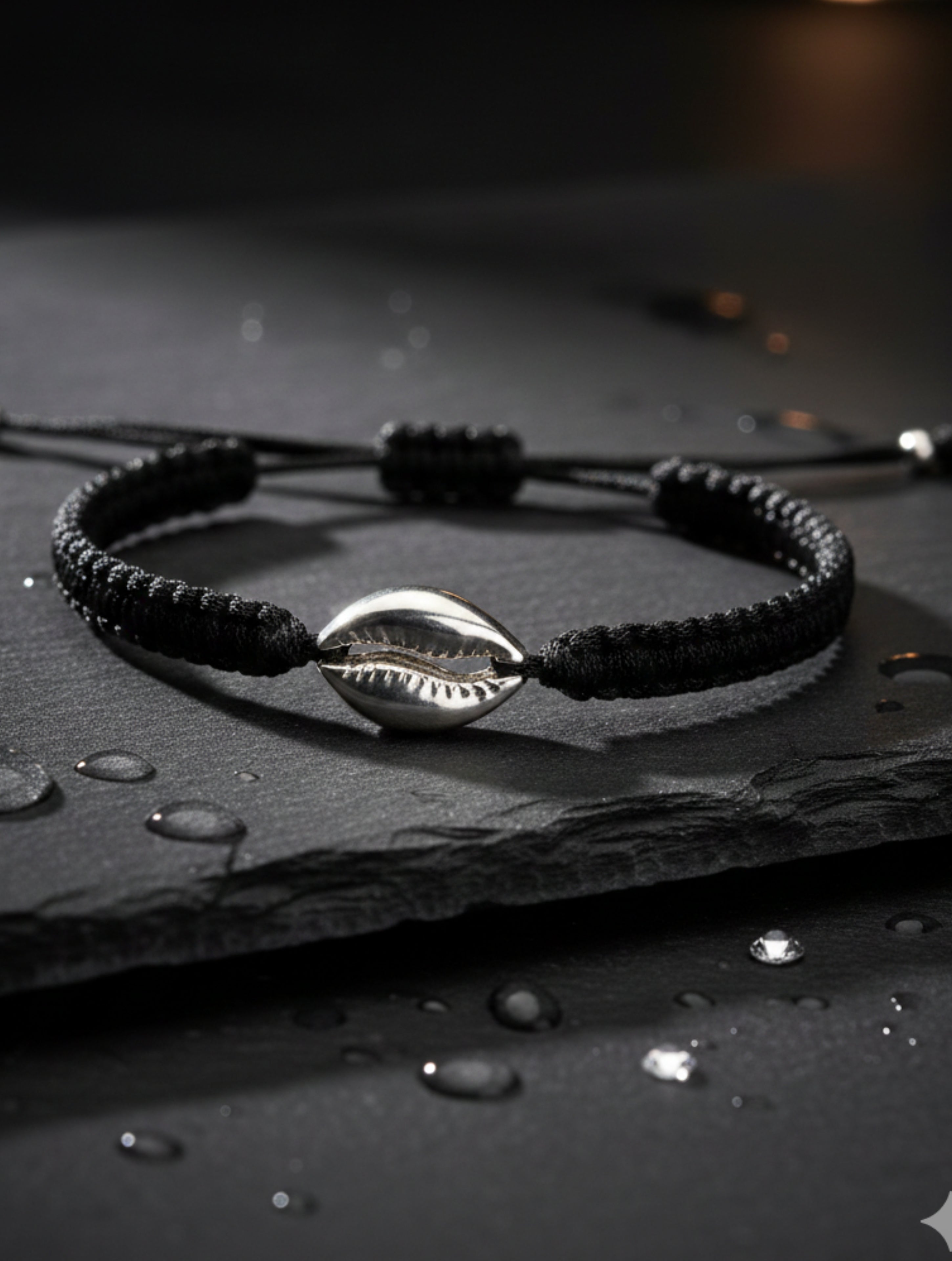 Cowrie Shell Black Braided 925 Sterling Bracelet