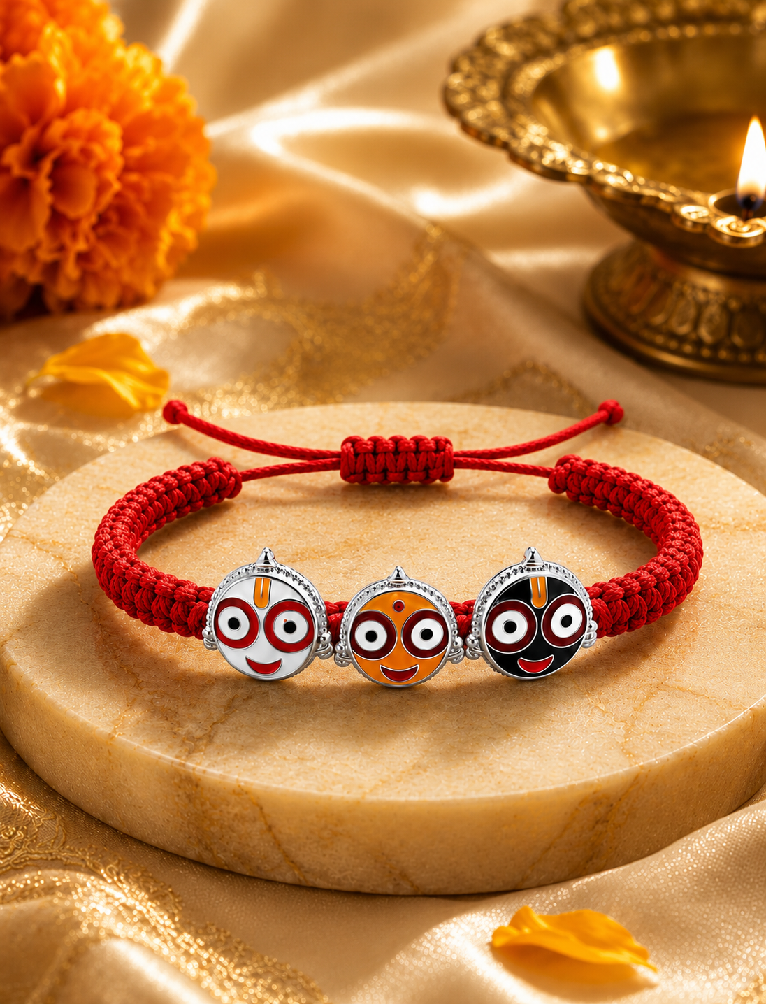 Silver Shree Jagannath ji Trio Bracelet In Red Thread