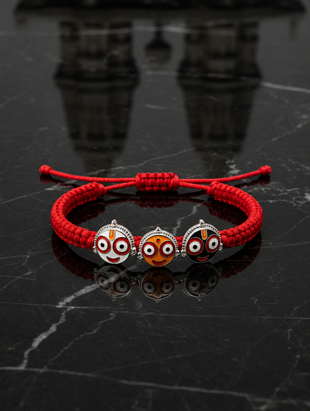 Silver Shree Jagannath ji Trio Bracelet In Red Thread