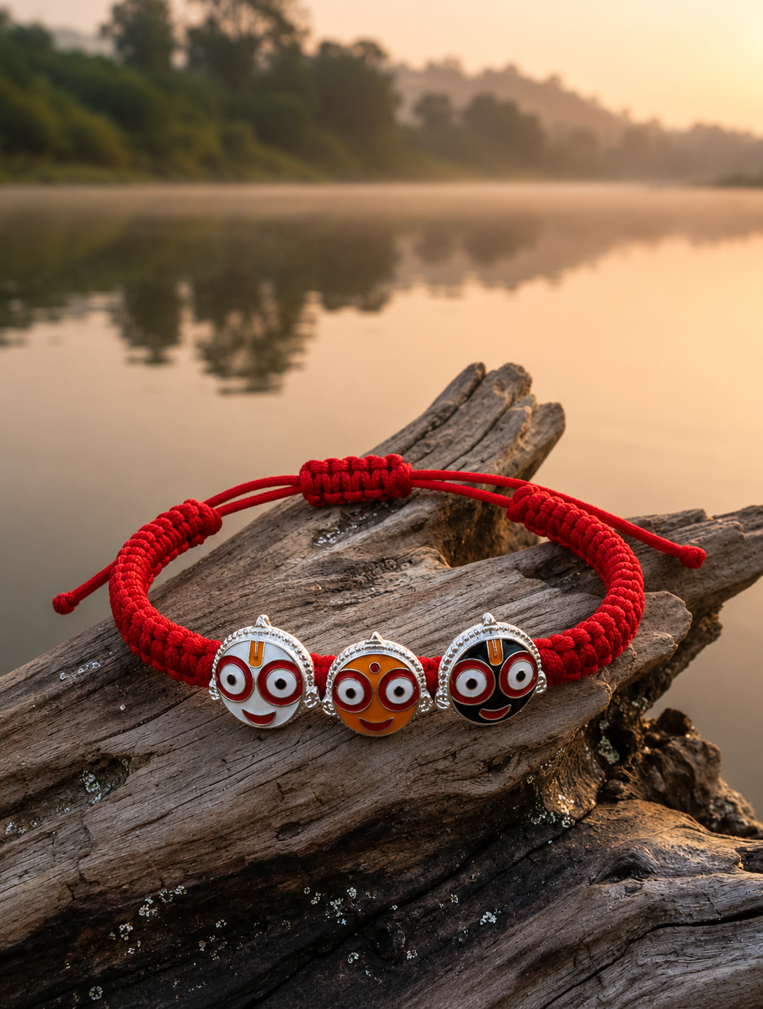 Silver Shree Jagannath ji Trio Bracelet In Red Thread