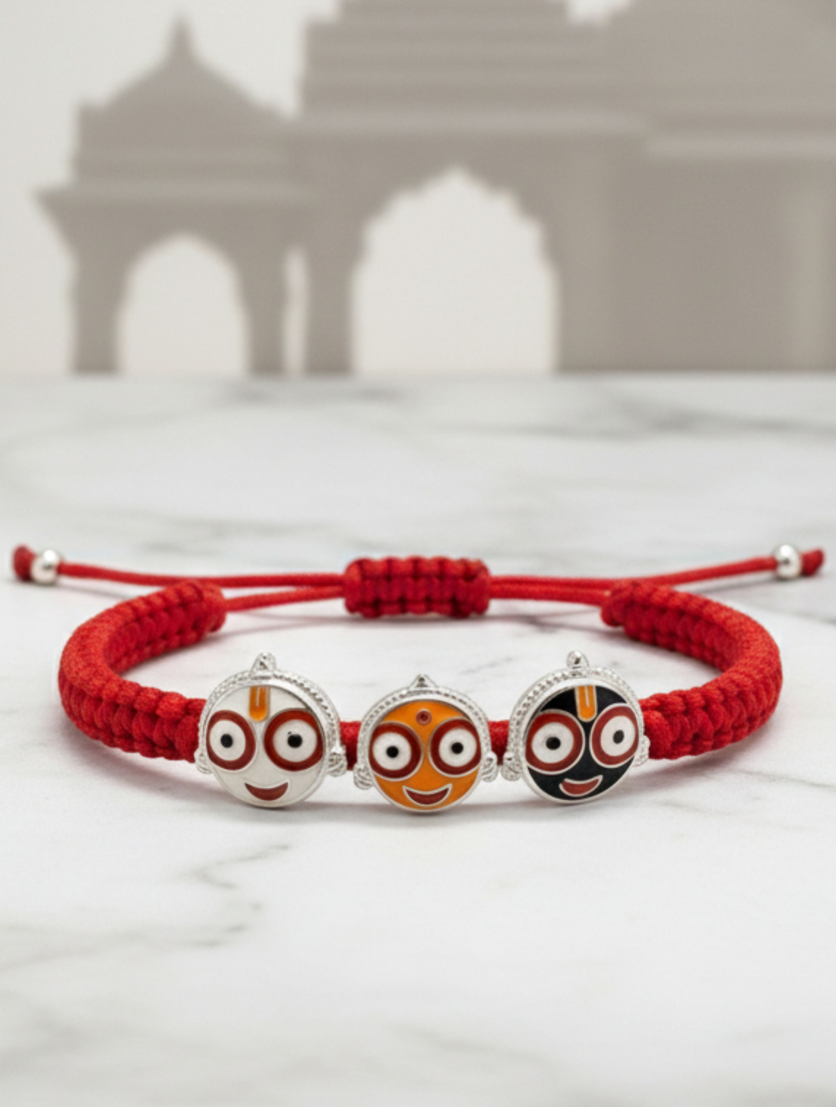 Silver Shree Jagannath ji Trio Bracelet In Red Thread