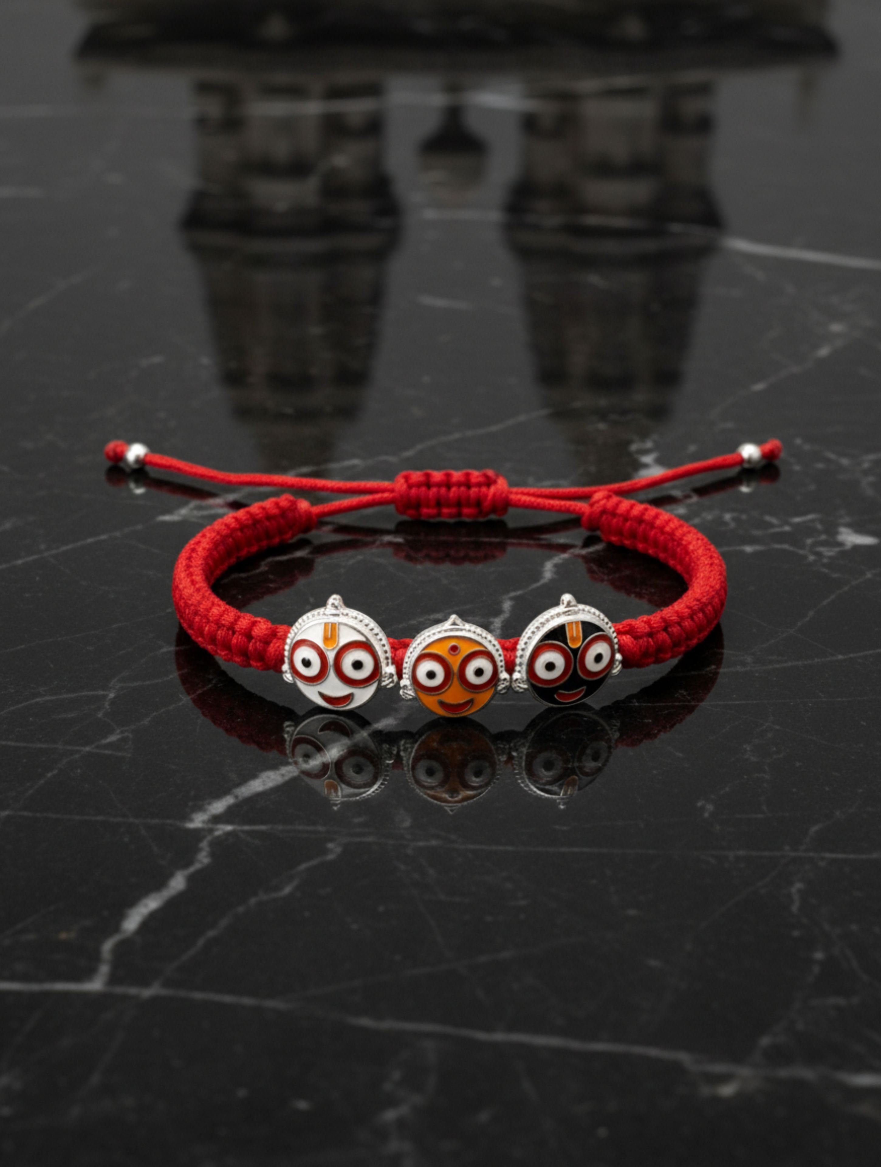 Silver Shree Jagannath ji Trio Bracelet In Red Thread