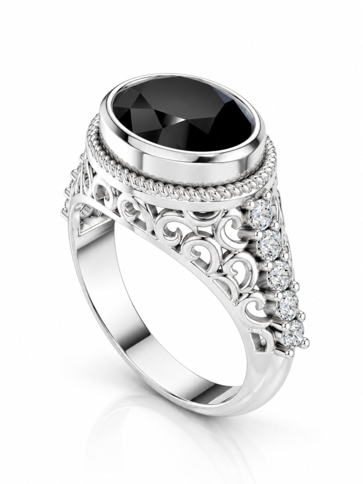 Geometric Filigree Black Onyx and Moissanite Silver Ring Oxidized 925 Sterling Silver Ring For Men