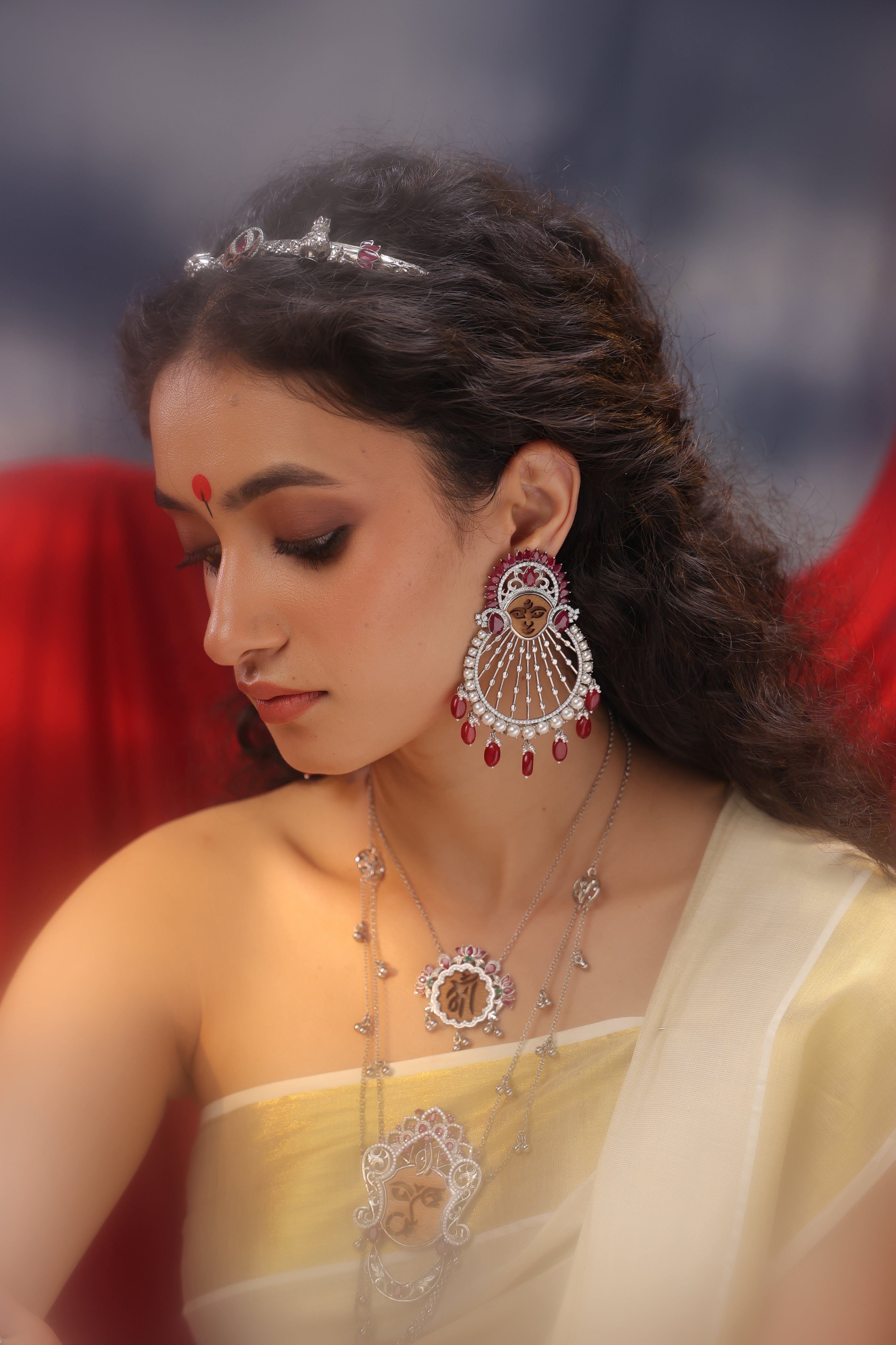 Durga Ruby Chandbali 925 Silver Earrings