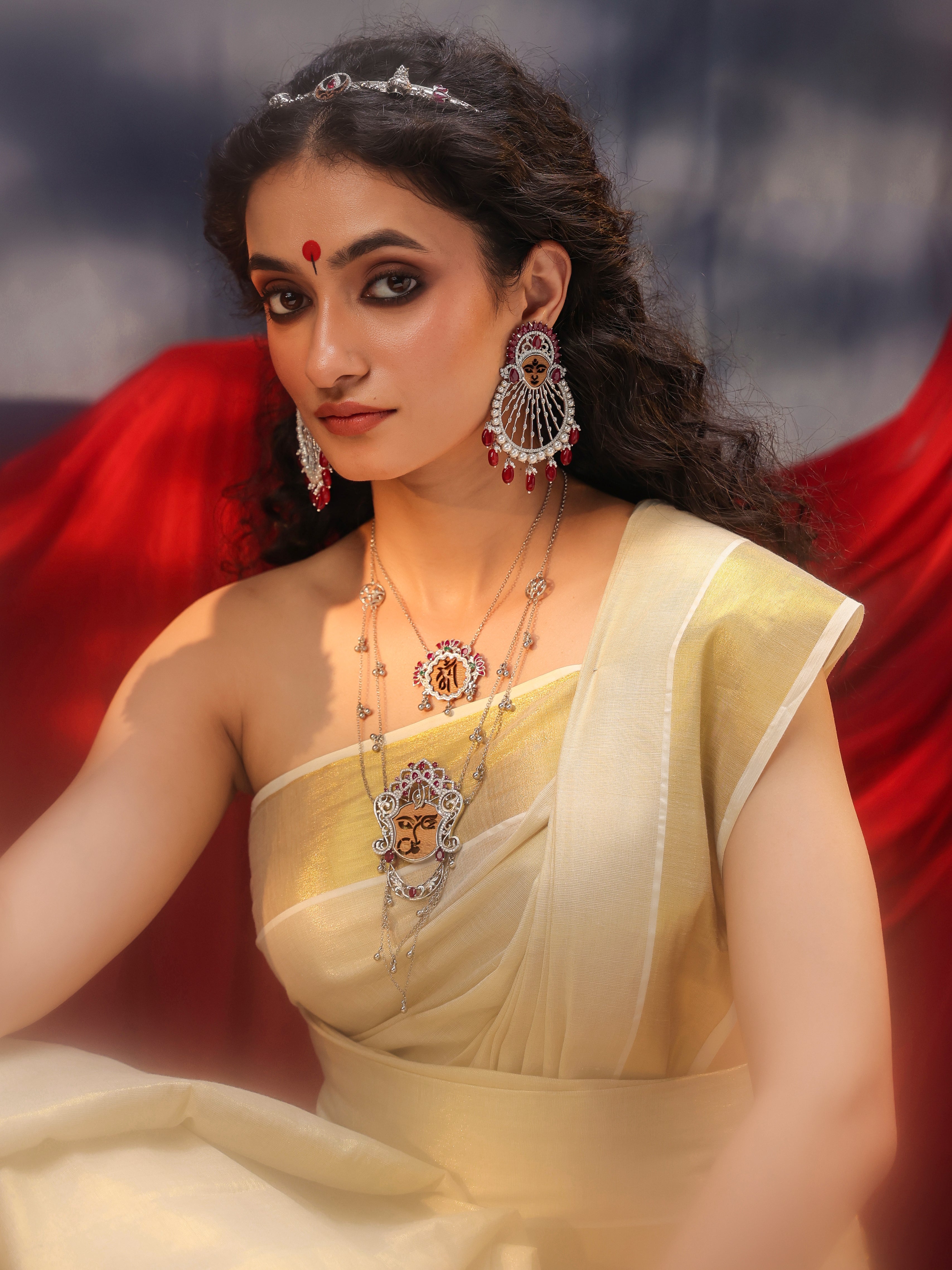 Durga Face Ruby 925 Silver Filigree Necklace