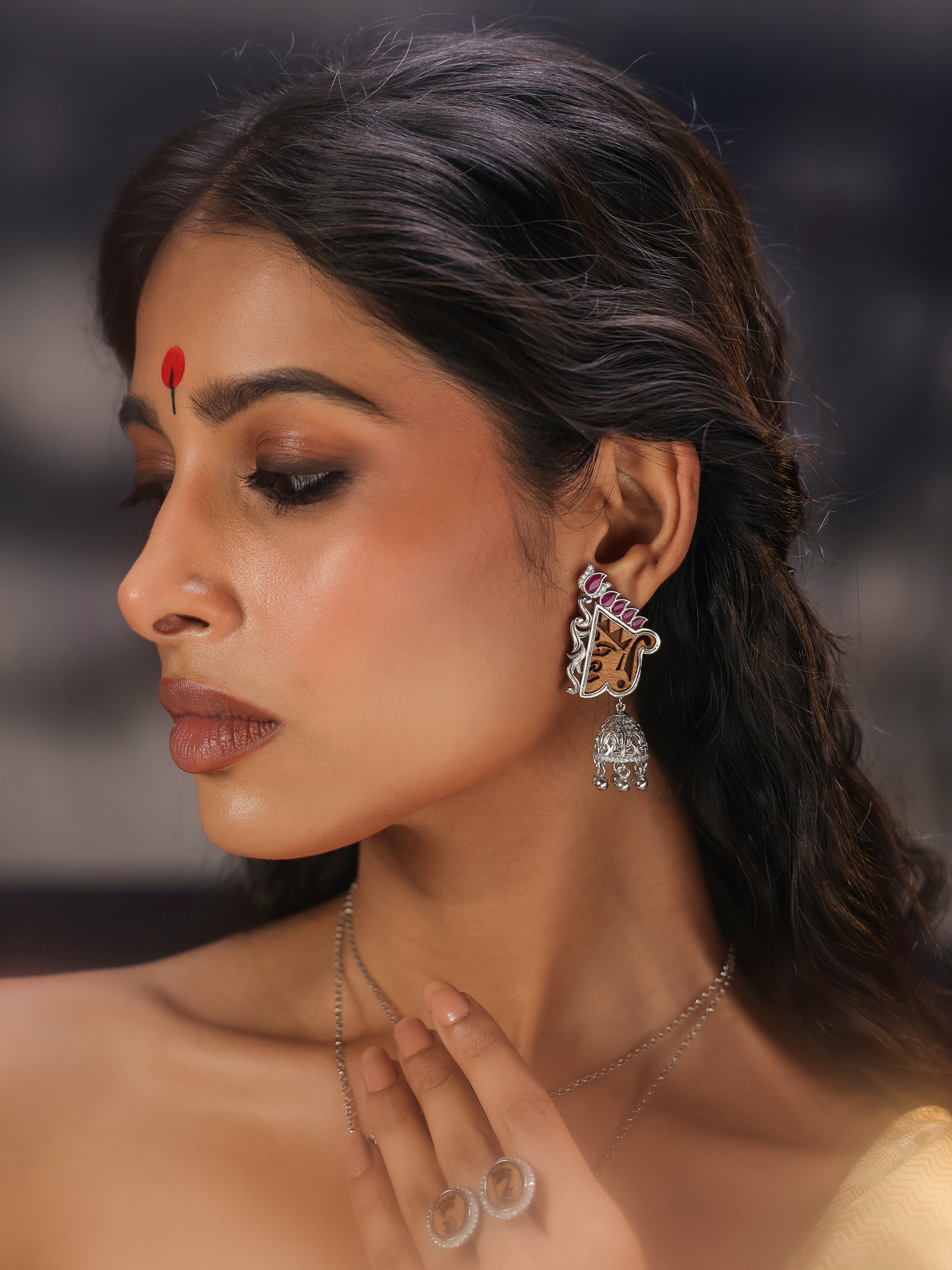 Ruby Red Wooden 925 Silver Jhumka Earrings
