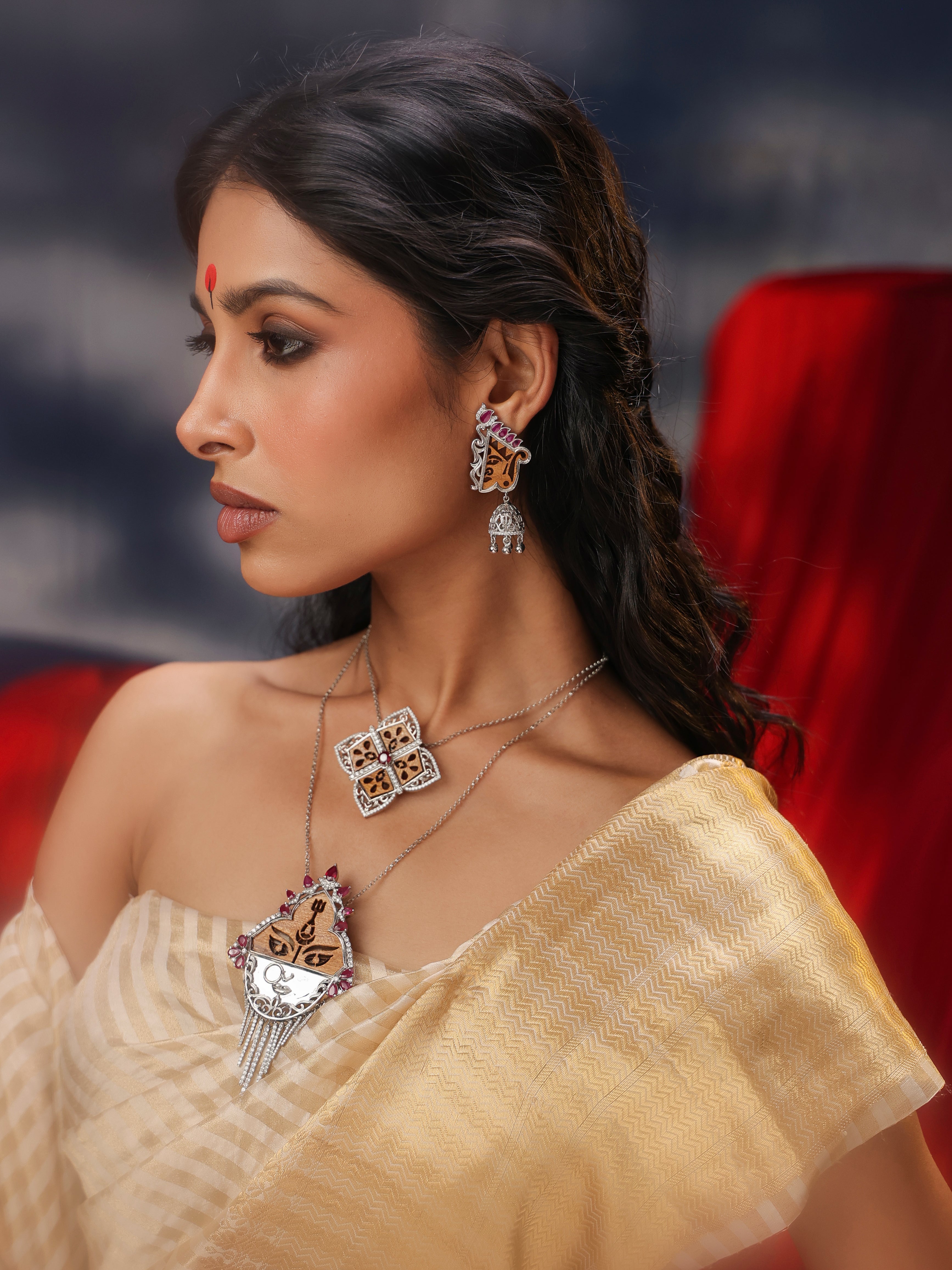 Ruby Red Wooden 925 Silver Jhumka Earrings