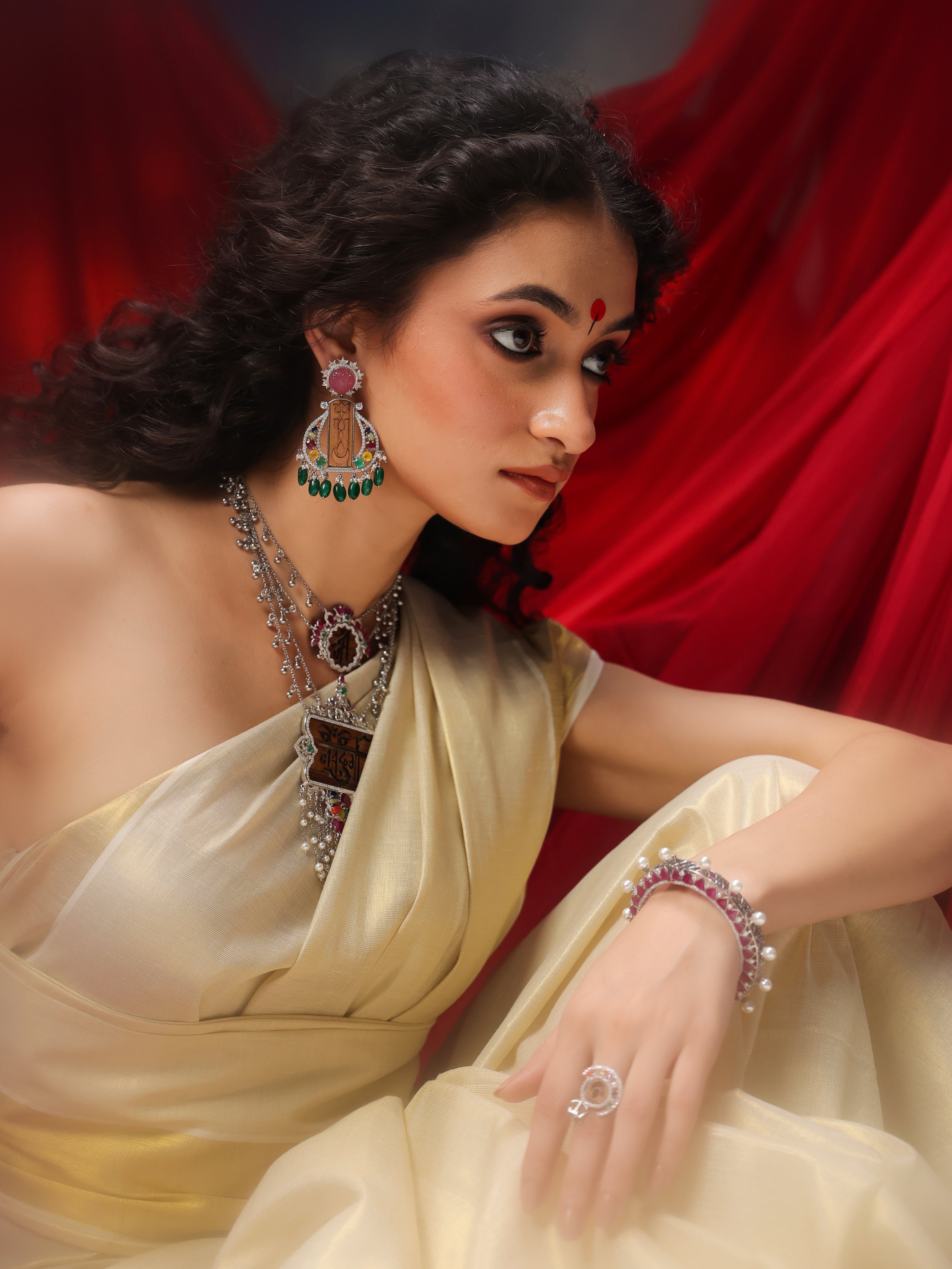 925 Sterling Silver Durga Red Jade Navratna Earrings