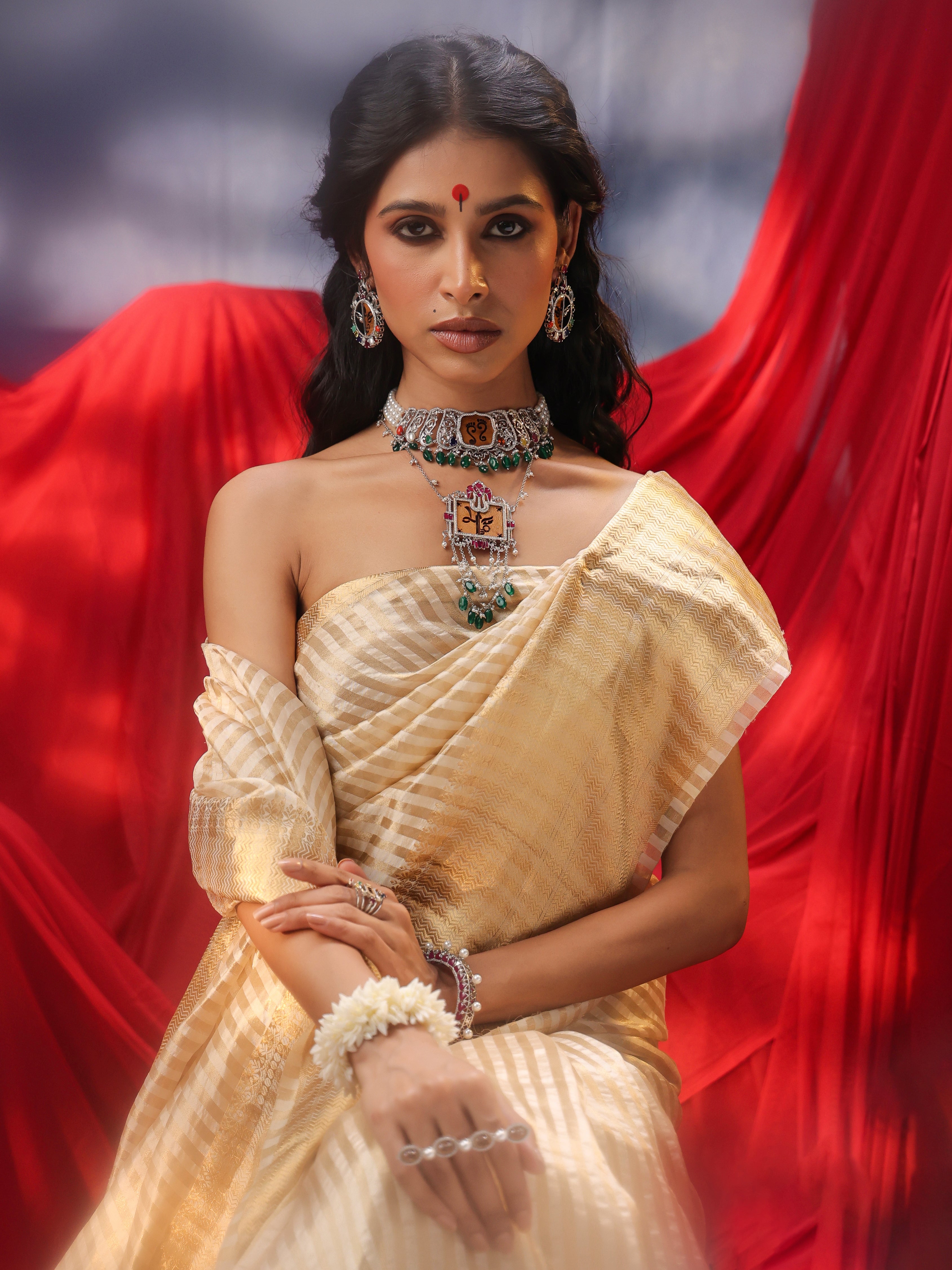 Laxmi Feet Navratna Sterling Silver Necklace Set