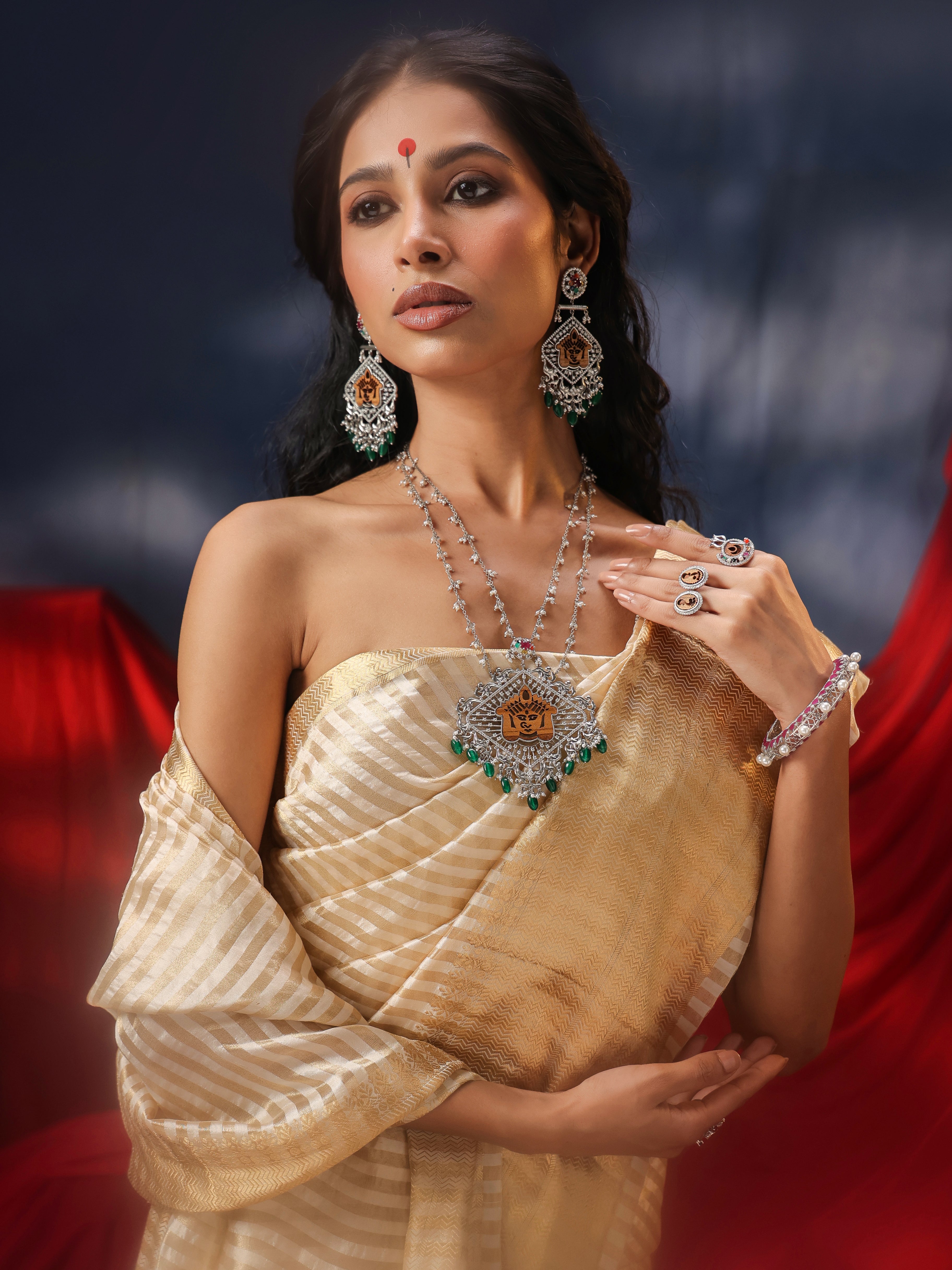 Green Onyx Ma Durga Sterling Silver Necklace Set