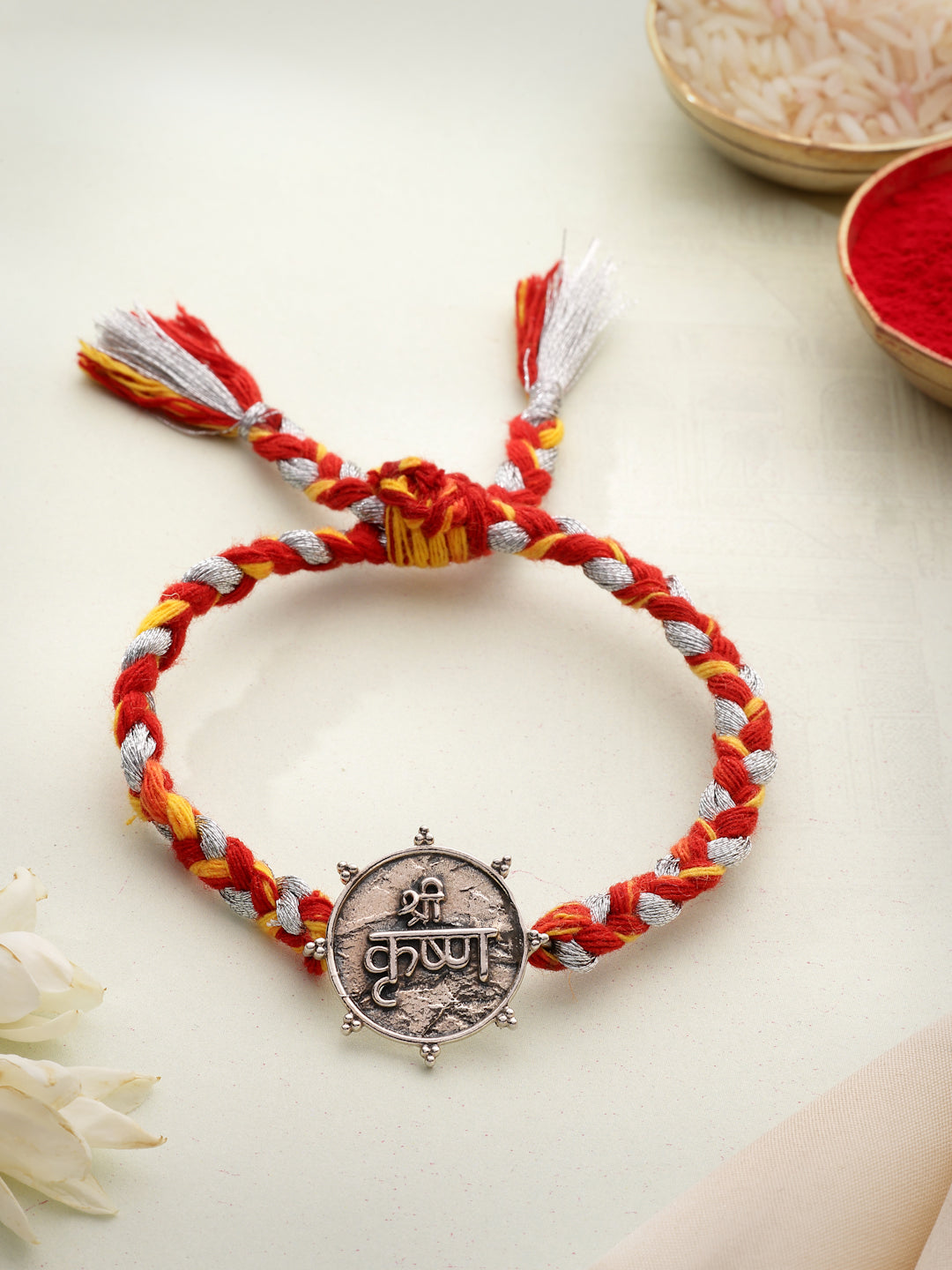925 Sterling Silver Radha Krishna Bhaiya Bhabhi Rakhi Gift Set with Silver Coin & Roli Chawal