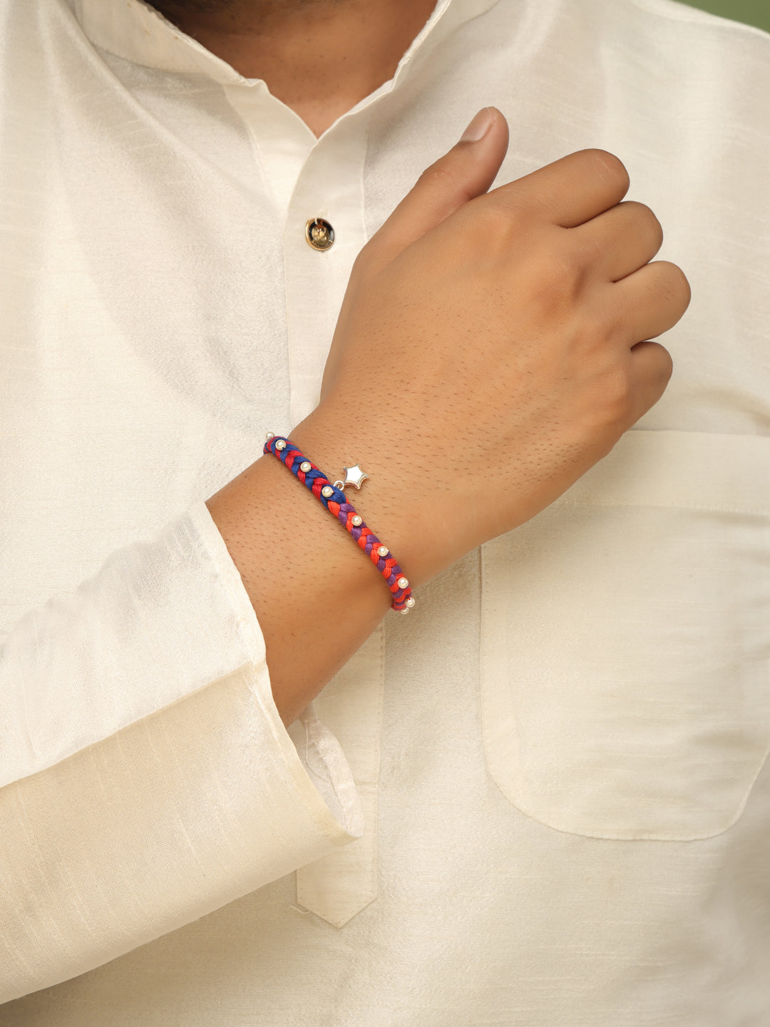 925 Sterling Silver Handcrafted Braided Rakhi for Brother – Rhodium Plated Red & Blue Thread Rakhi with Pearl Accents and Star Charm