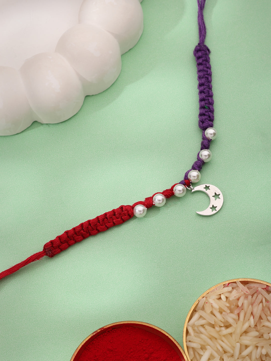 925 Sterling Silver Crescent Moon Pearl Rakhi – Handcrafted Purple & Red Dual-Tone Macrame Thread