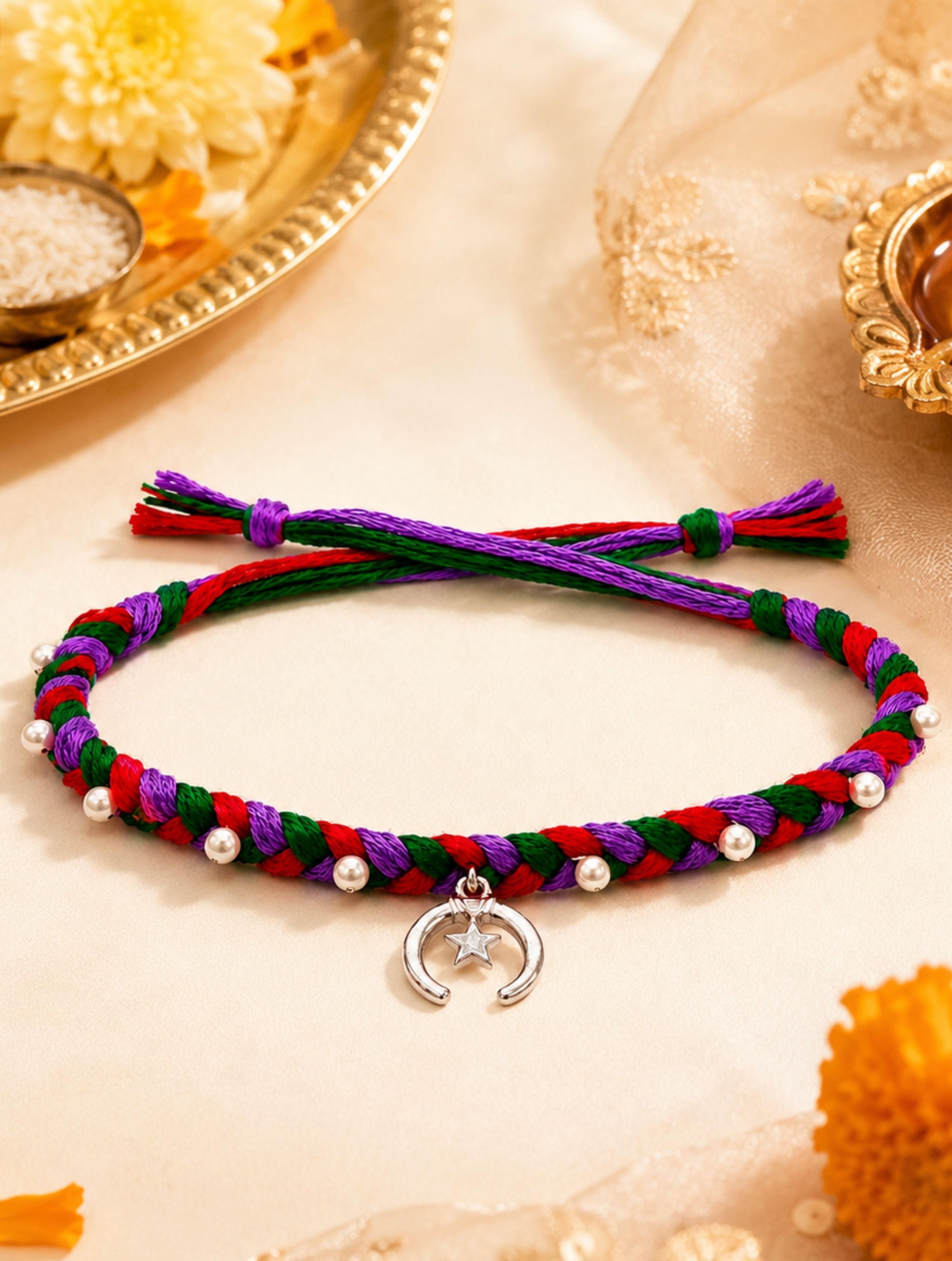 925 Sterling Silver Star & Crescent Rakhi with Braided Thread and Pearls