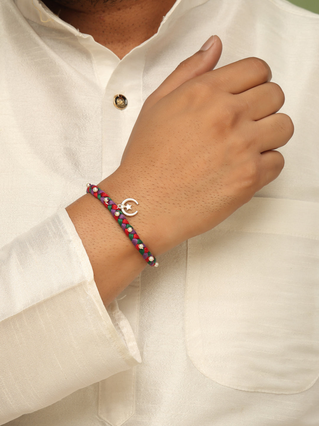 925 Sterling Silver Star & Crescent Rakhi with Braided Thread and Pearls