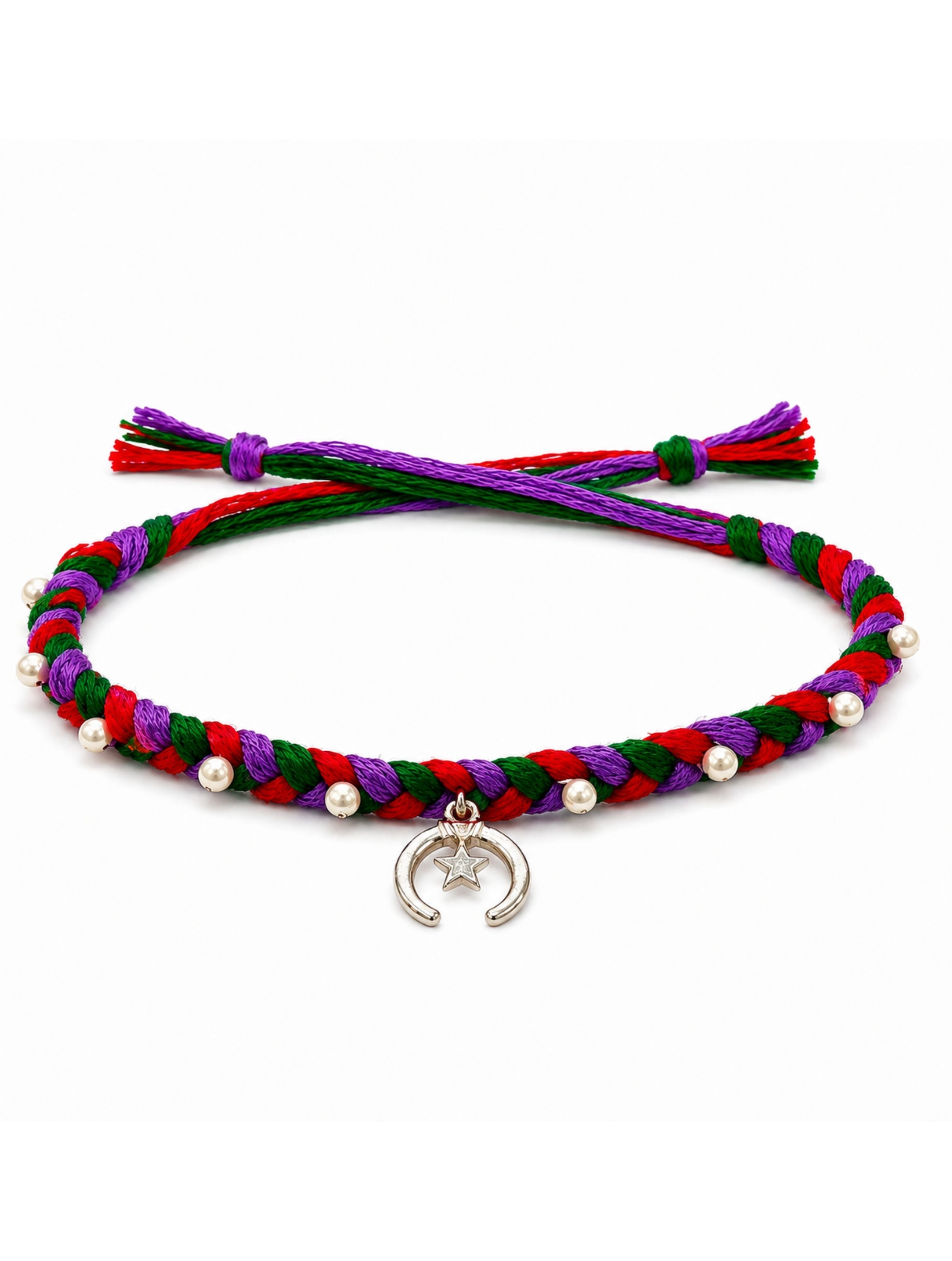 925 Sterling Silver Star & Crescent Rakhi with Braided Thread and Pearls