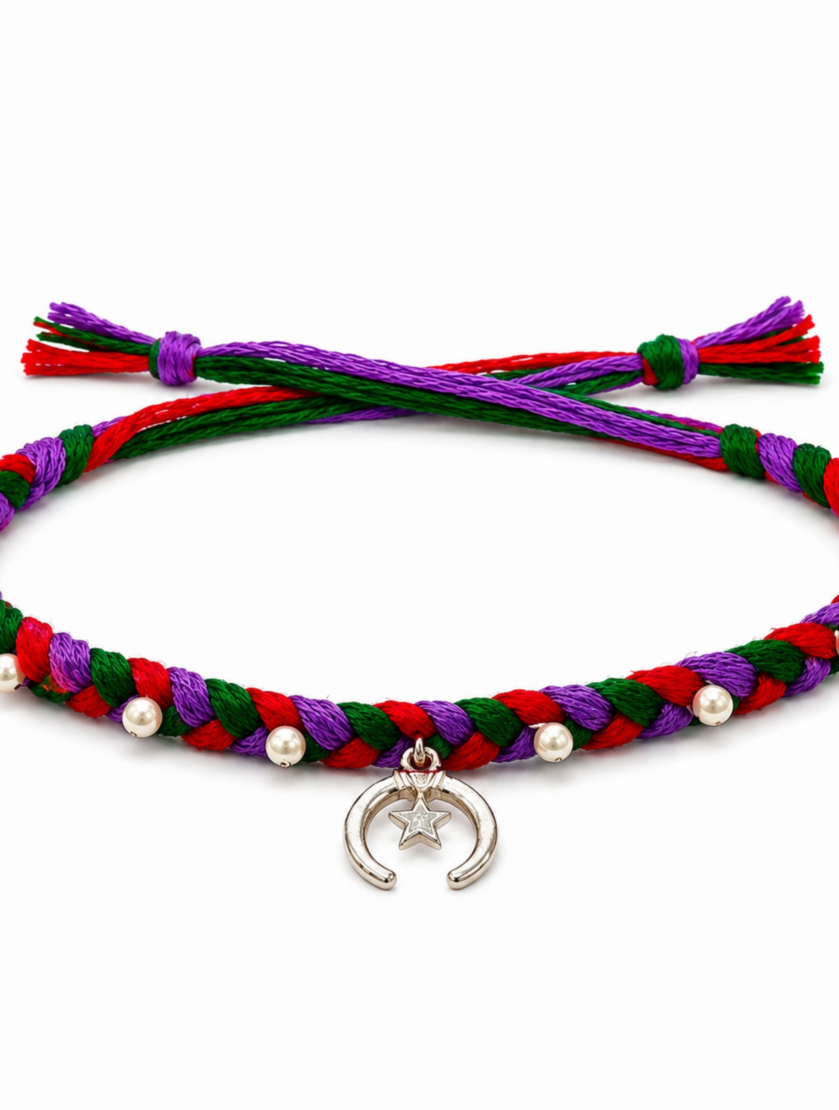 925 Sterling Silver Star & Crescent Rakhi with Braided Thread and Pearls