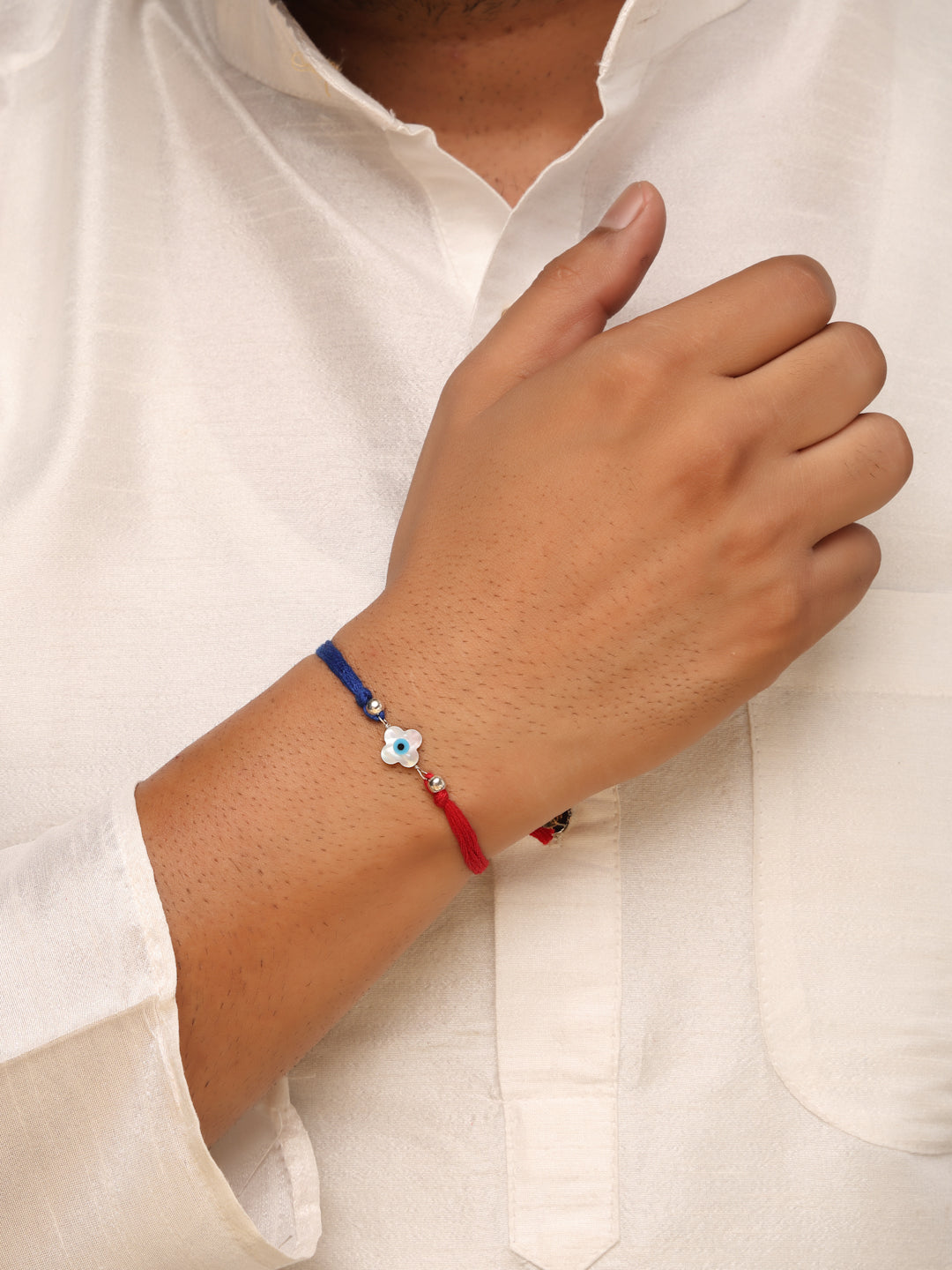 925 Sterling Silver Evil Eye Rakhi for Brother – Rhodium Plated Red & Blue Cord Rakhi