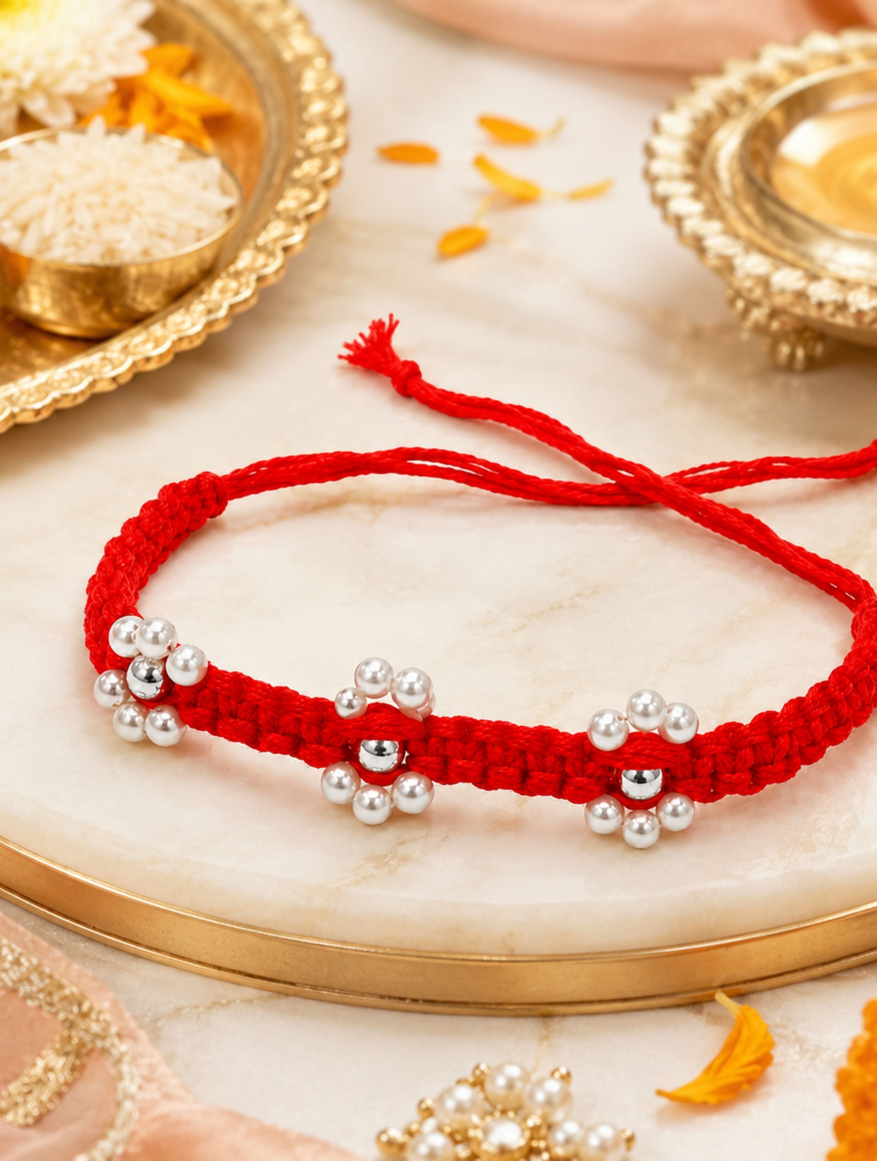 925 Sterling Silver Floral Pearl Rakhi in Red Macrame – Rhodium Plated
