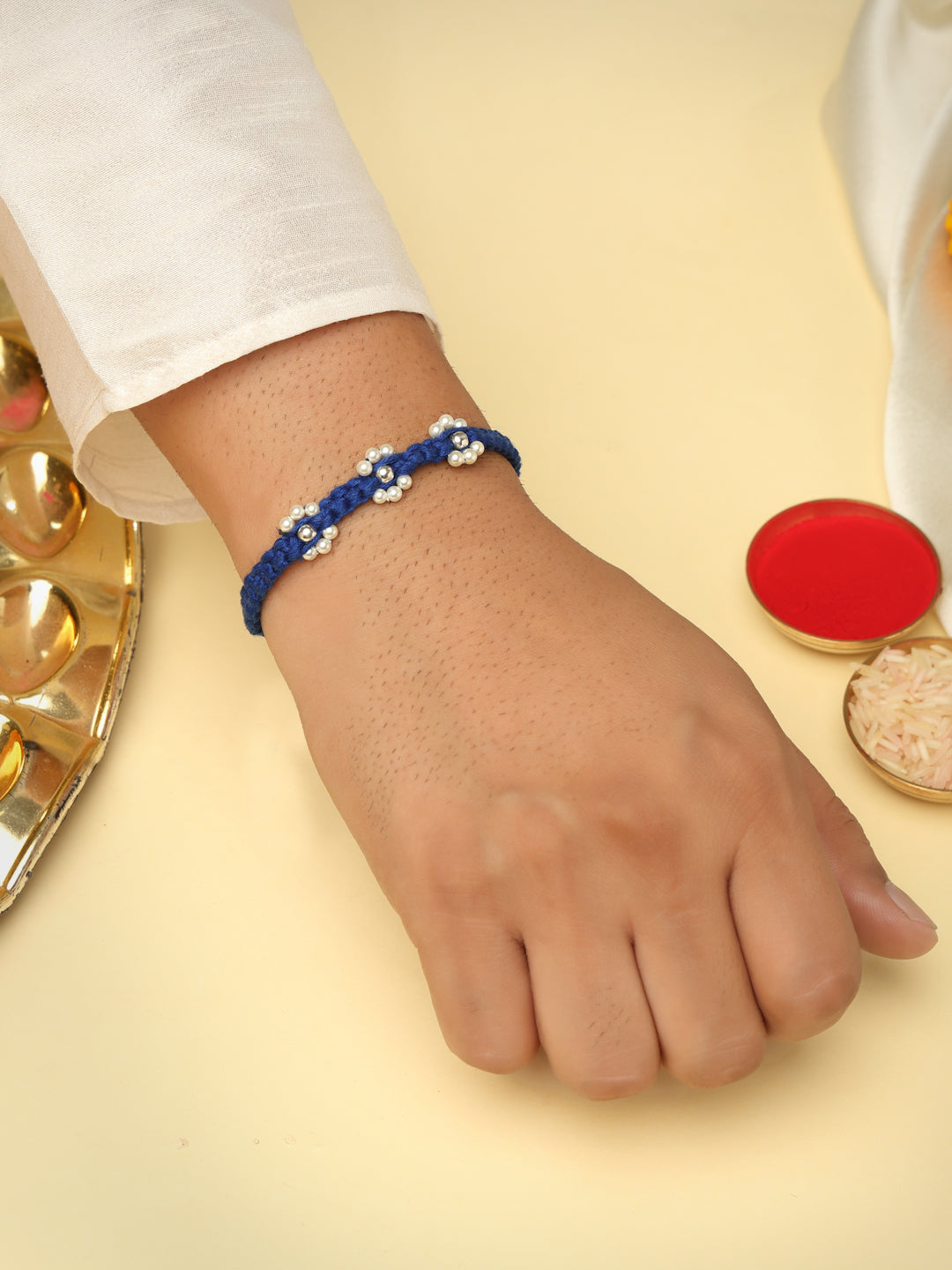 925 Sterling Silver Royal Blue Macrame Rakhi with Pearl Accents (Rhodium Plated)