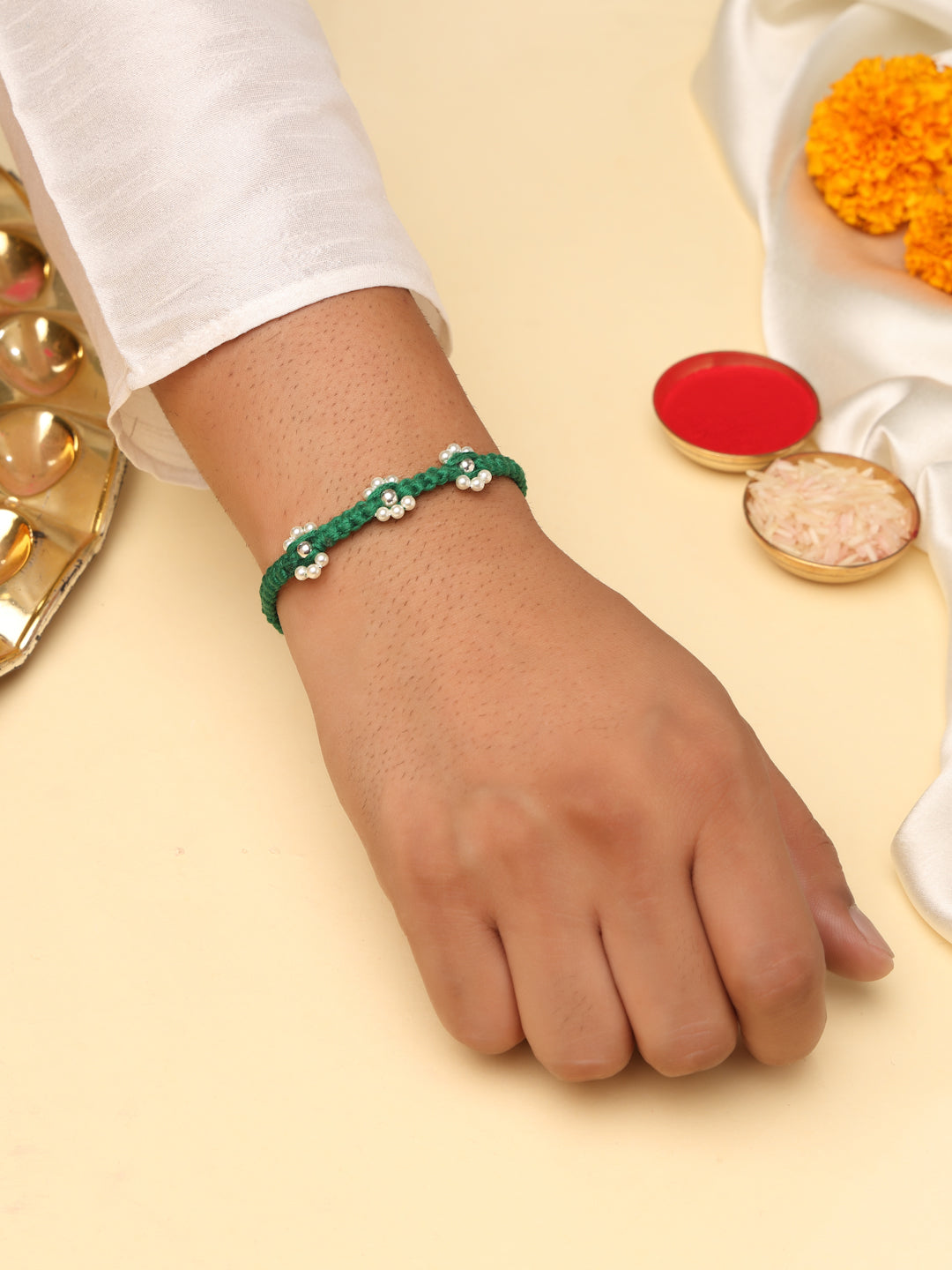925 Sterling Silver Green Macrame Rakhi with Pearl Flower Motifs (Rhodium Plated)