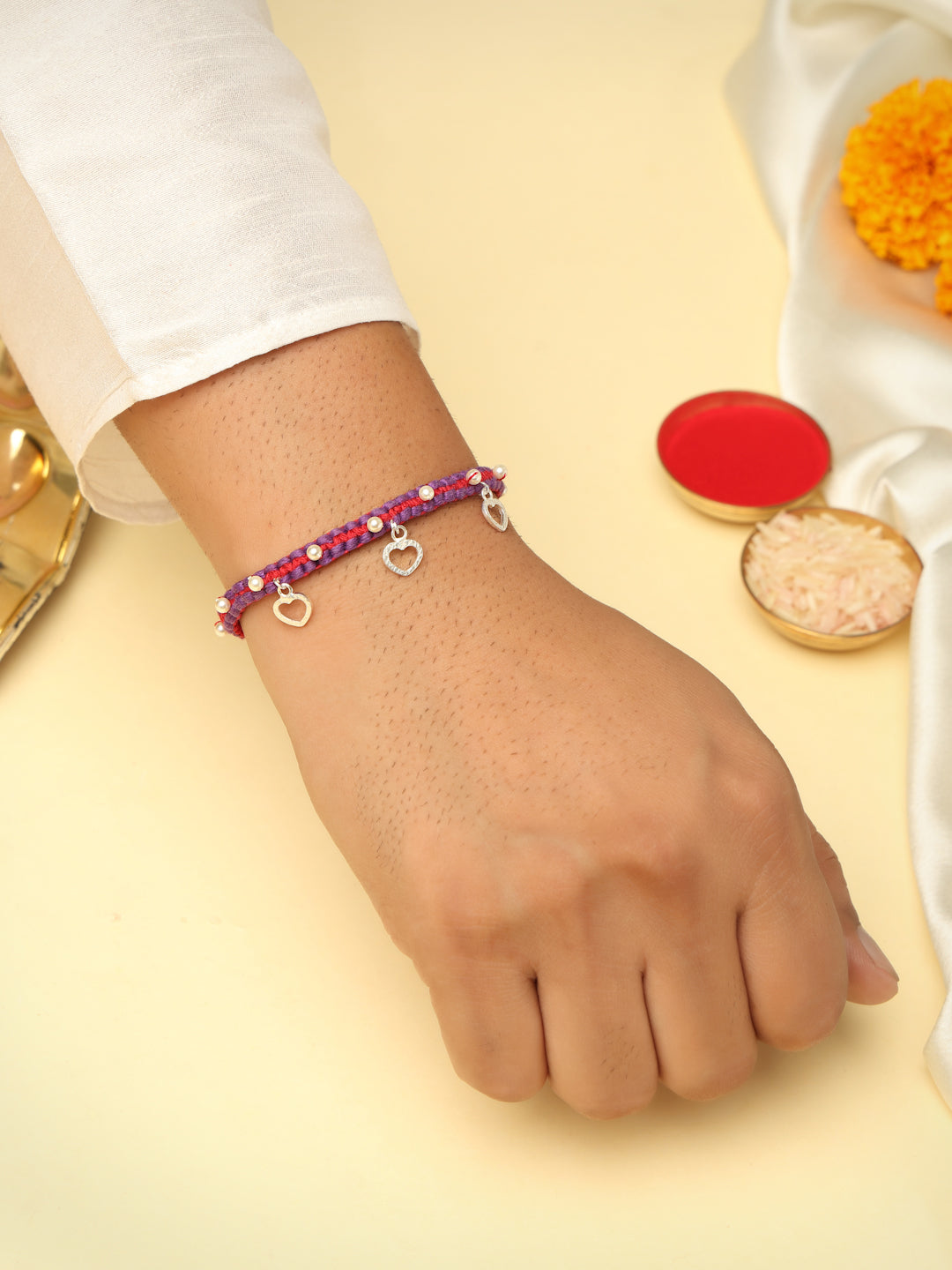 925 Sterling Silver Heart & Pearl Charm Rakhi – Rhodium Plated Thread Rakhi for Brothers