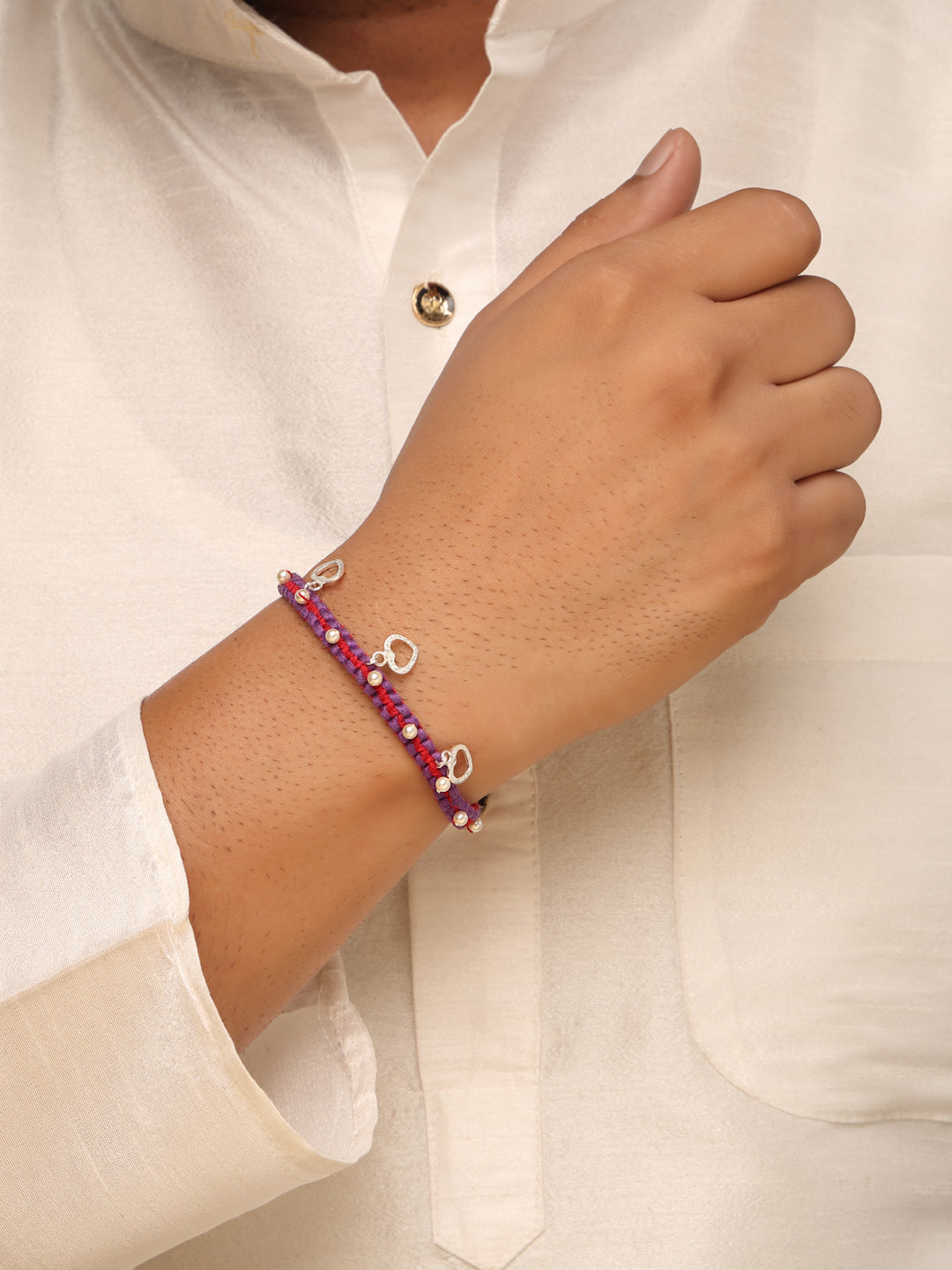 925 Sterling Silver Heart & Pearl Charm Rakhi – Rhodium Plated Thread Rakhi for Brothers