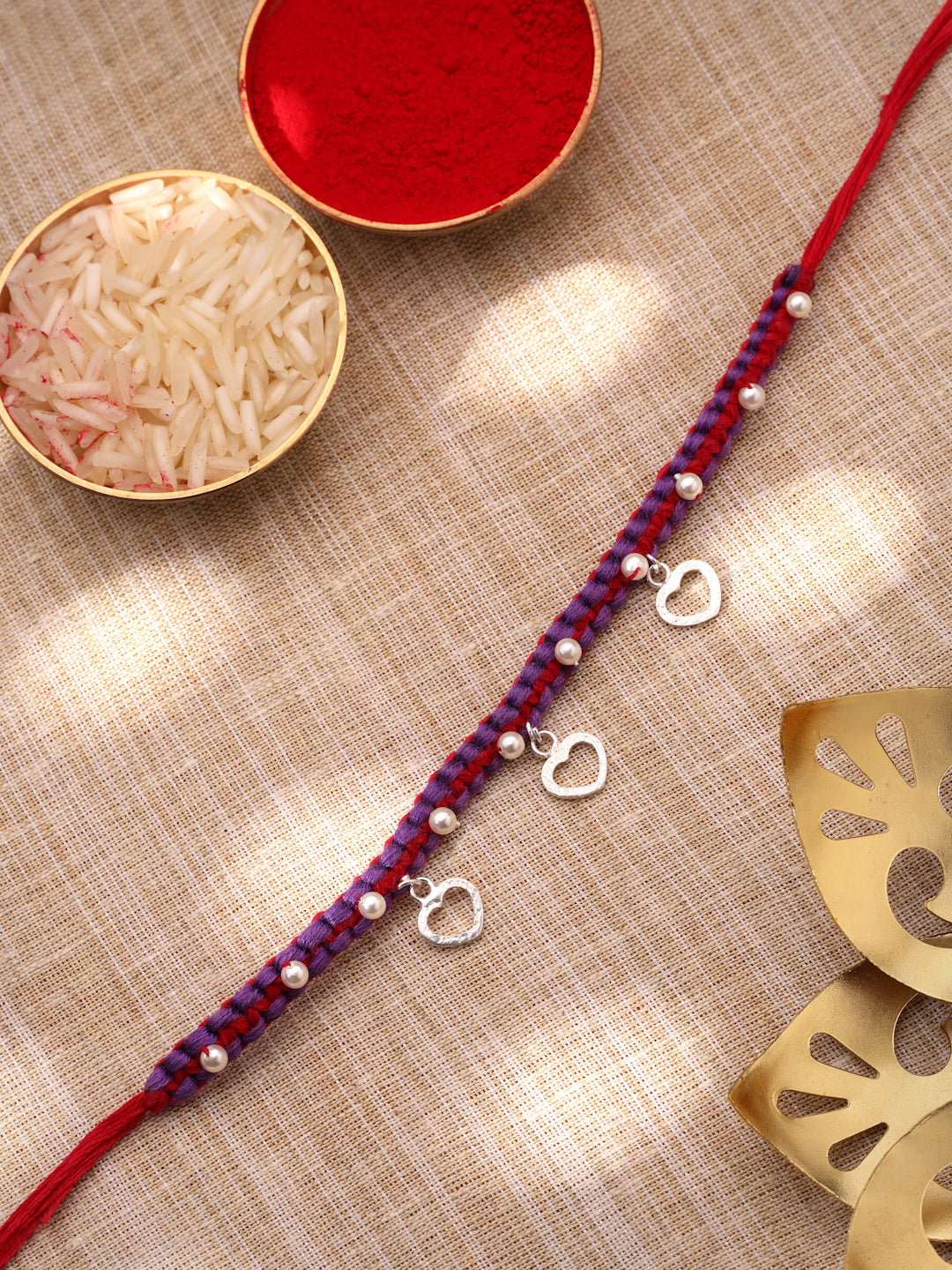 925 Sterling Silver Heart & Pearl Charm Rakhi – Rhodium Plated Thread Rakhi for Brothers