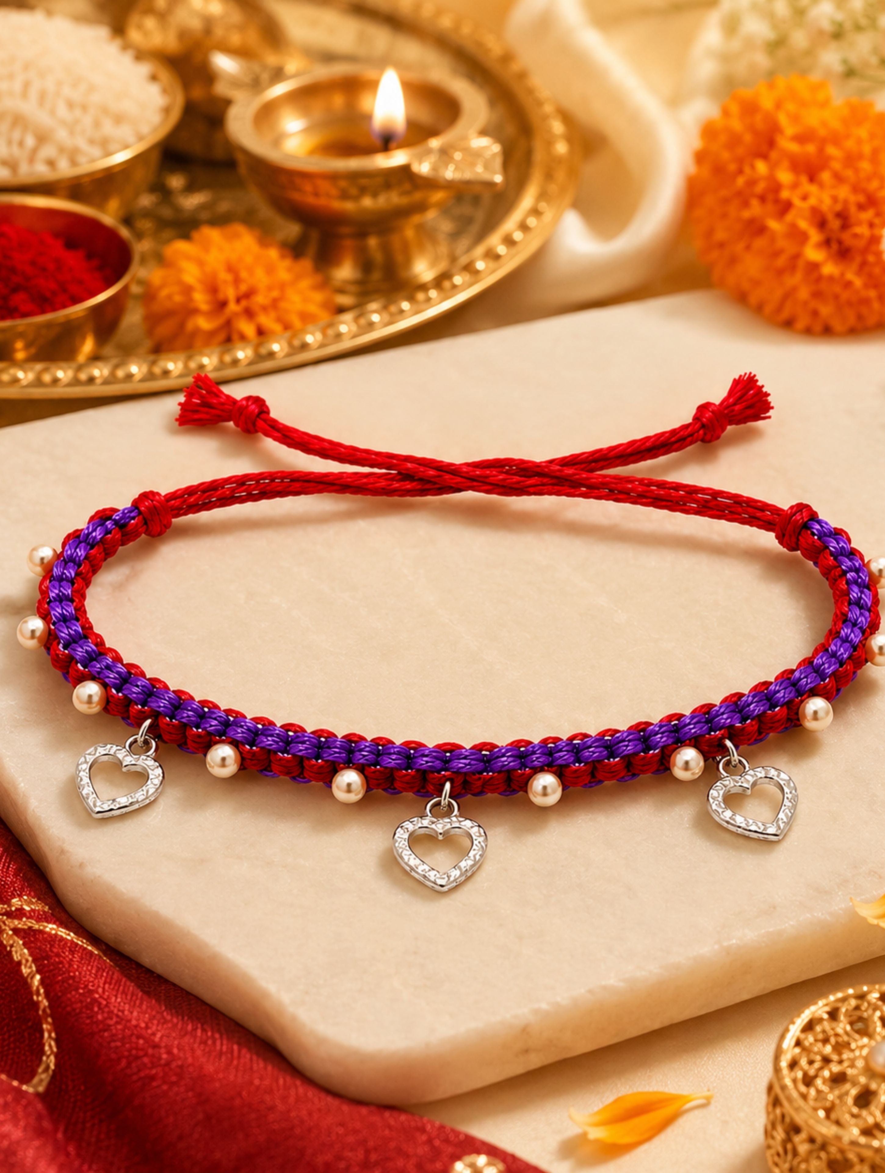 925 Sterling Silver Heart & Pearl Charm Rakhi – Rhodium Plated Thread Rakhi for Brothers