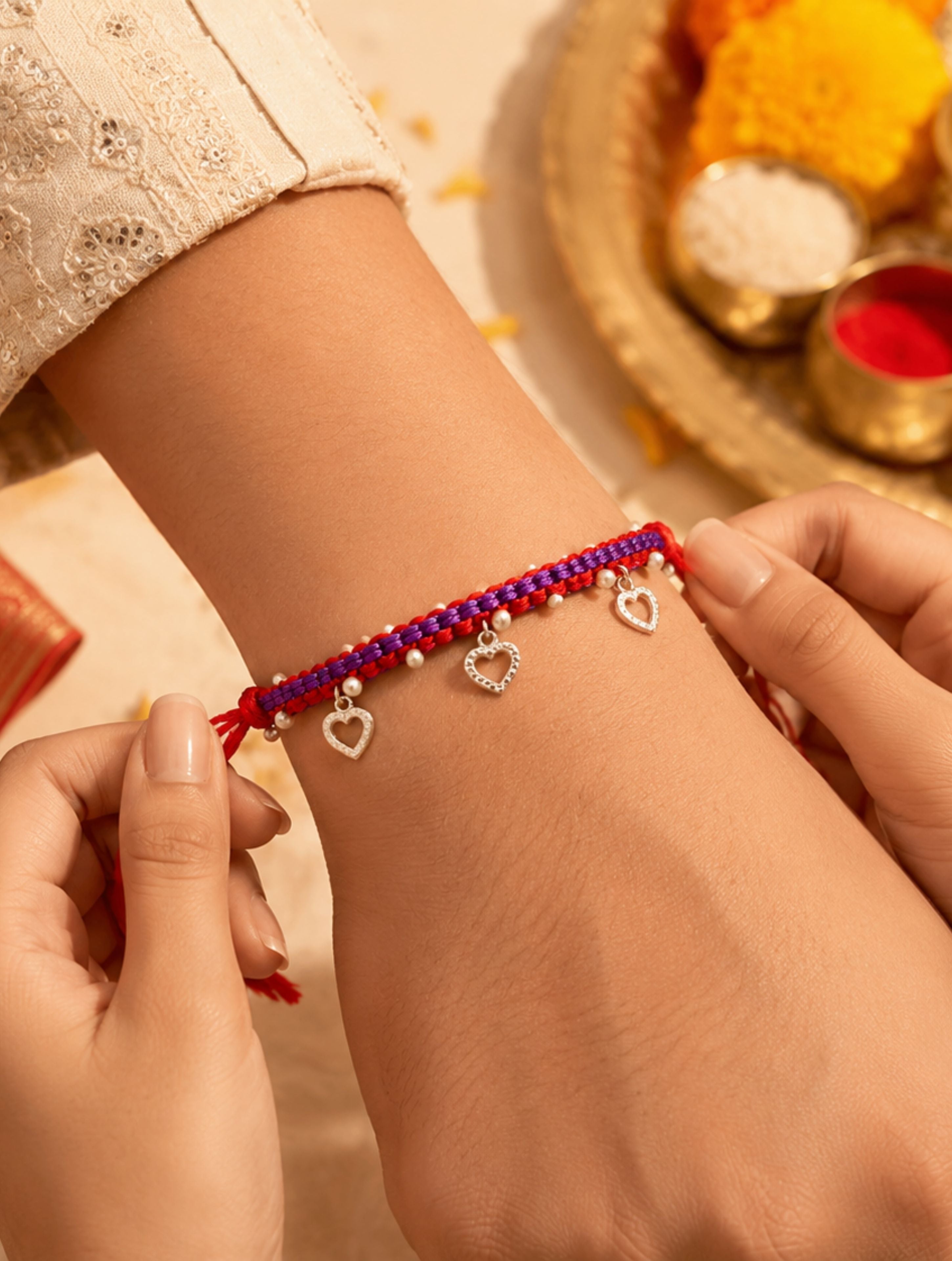 925 Sterling Silver Heart & Pearl Charm Rakhi – Rhodium Plated Thread Rakhi for Brothers
