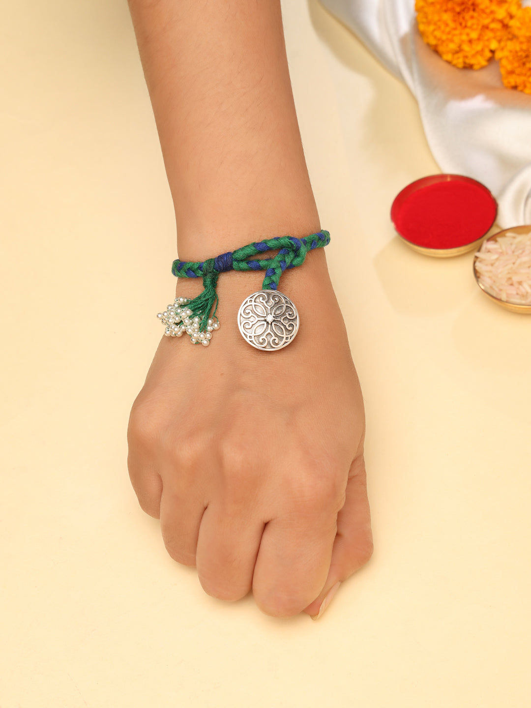 925 Silver Filigree Floral Moissanite & Pearl Lumba Rakhi