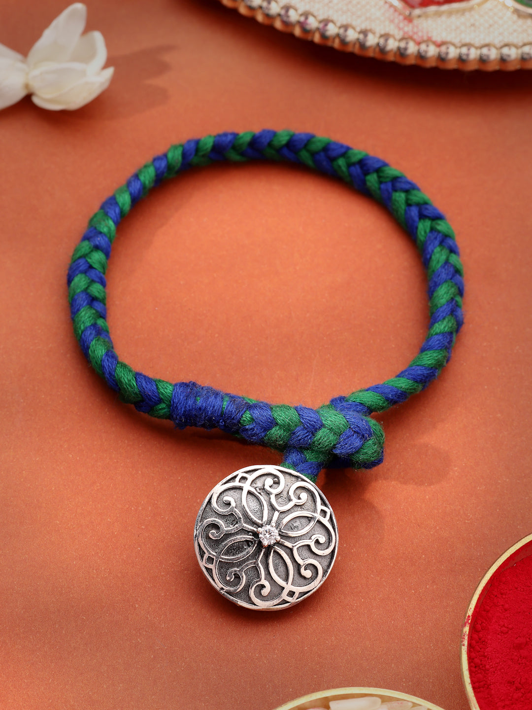 925 Sterling Silver Moissanite Filigree Medallion Rakhi with Braided Dori