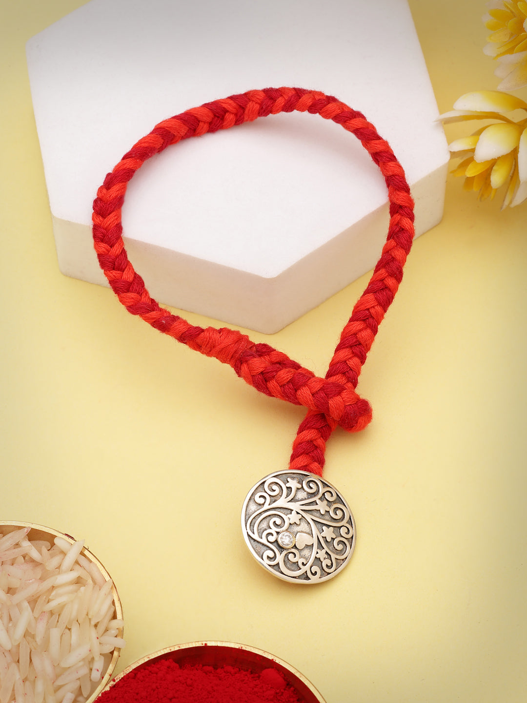 Handcrafted 925 Sterling Silver Floral Filigree Rakhi with Moissanite Accent
