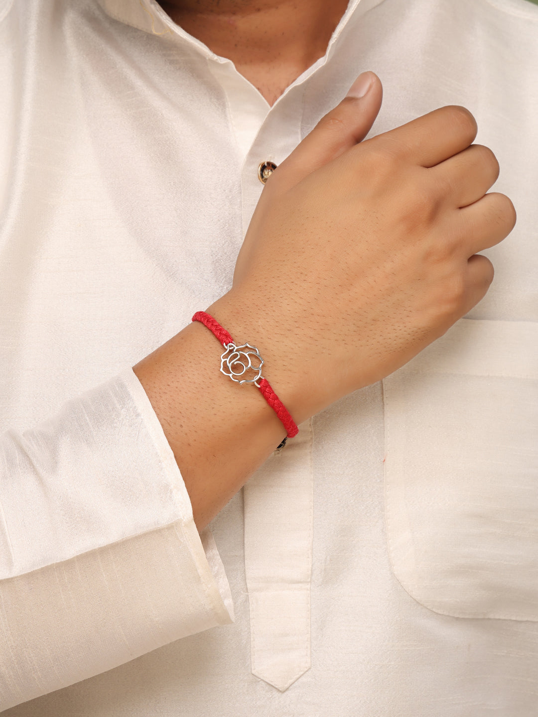925 Sterling Silver Cutout Rose Red Thread Rakhi Bracelet | Rhodium Plated