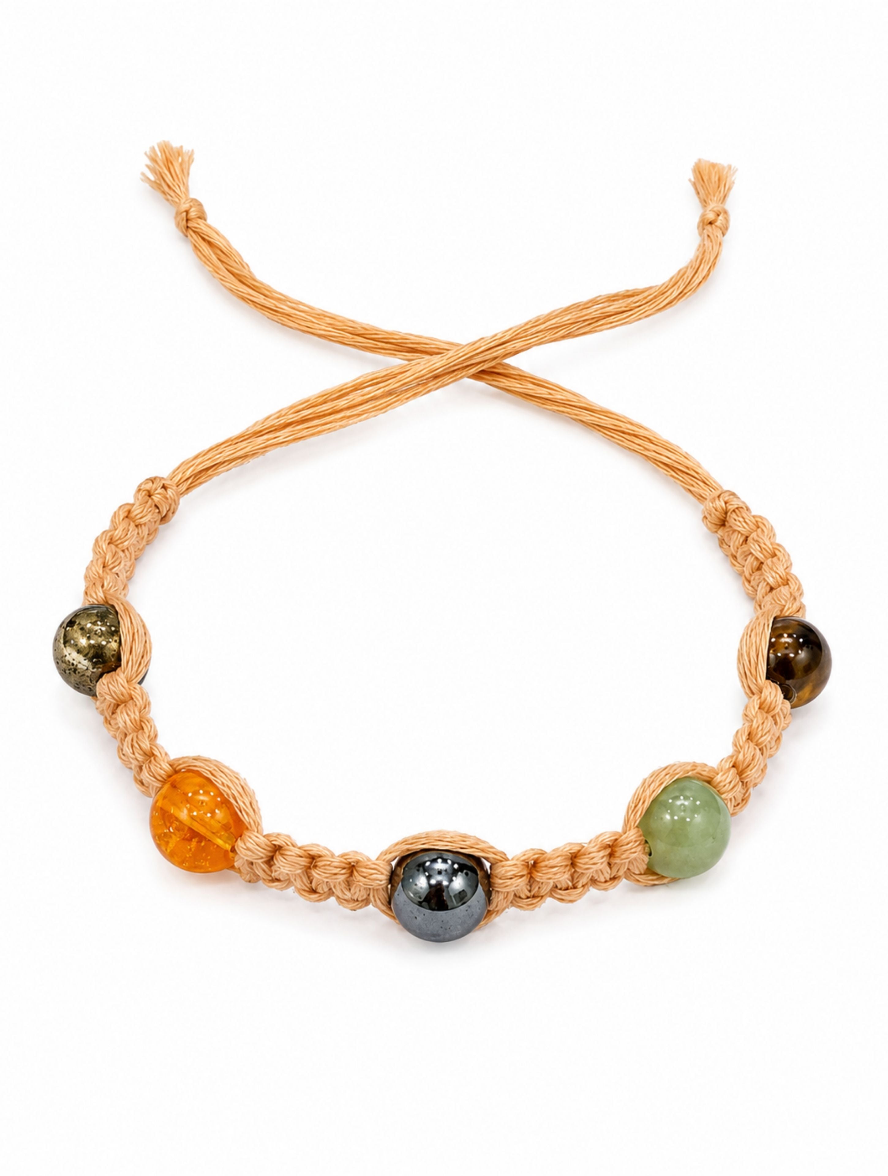 Handcrafted 5-Gemstone Macrame Rakhi | Aventurine, Hematite, Tiger’s Eye, Citrine & Pyrite