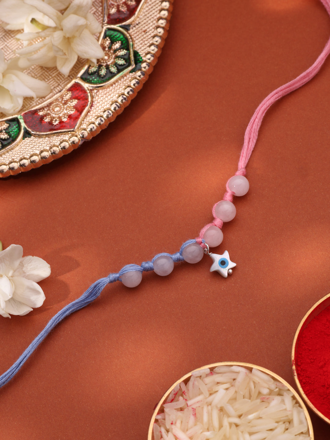 925 Sterling Silver Evil Eye Star & Rose Quartz Beads Thread Kids Rakhi