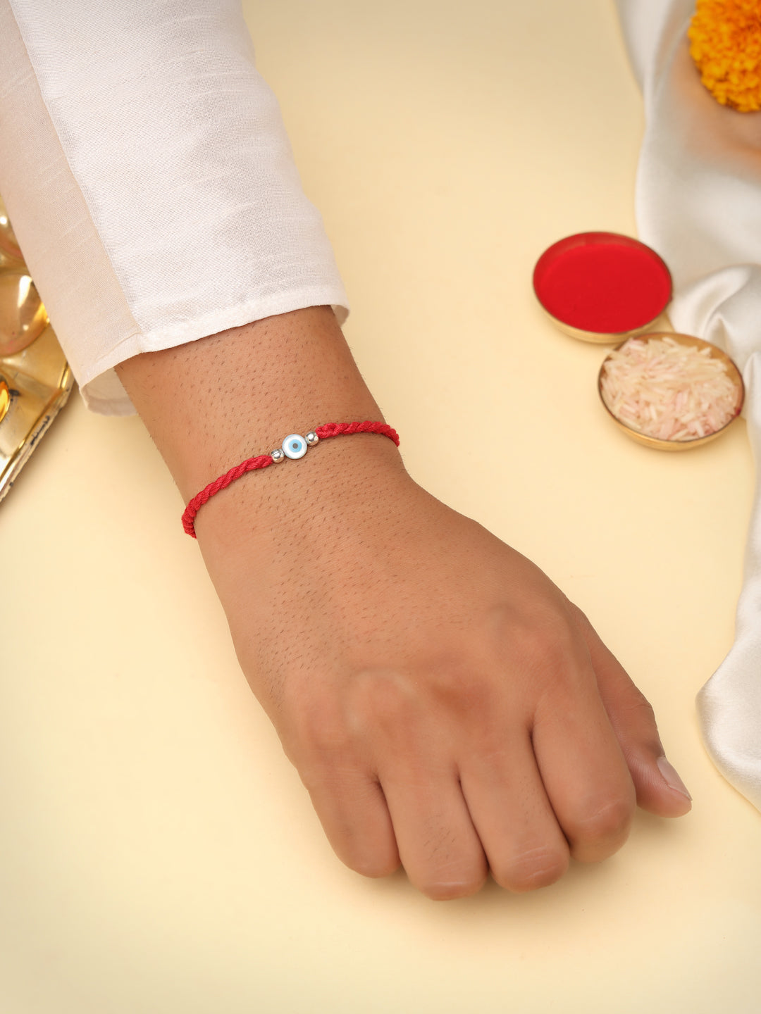 925 Sterling Silver Evil Eye Rakhi with Red Twisted Thread
