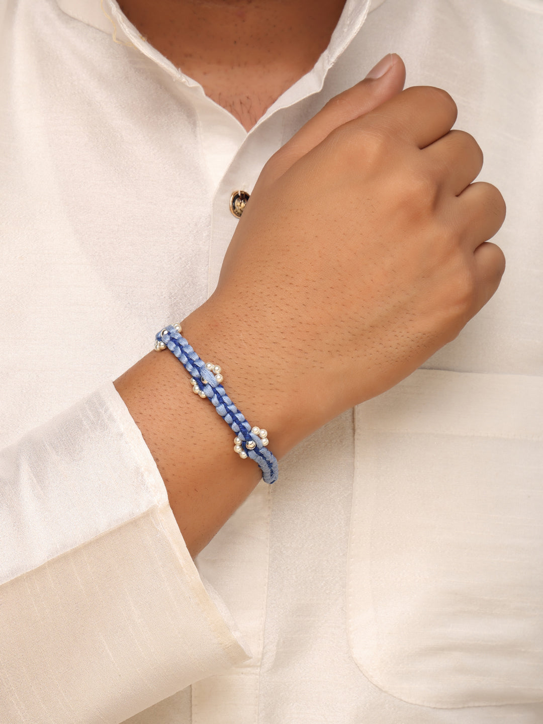 925 Sterling Silver Pearl and Bead Blue Thread Rakhi