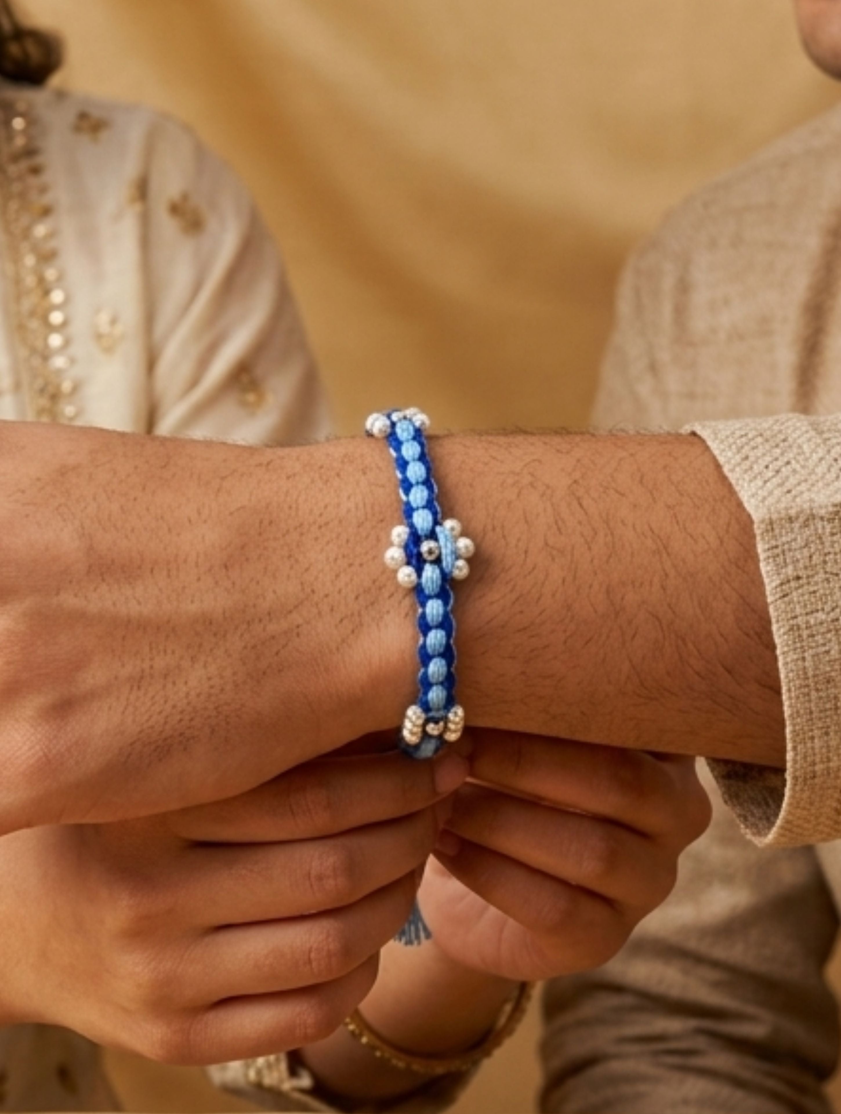 925 Sterling Silver Pearl and Bead Blue Thread Rakhi