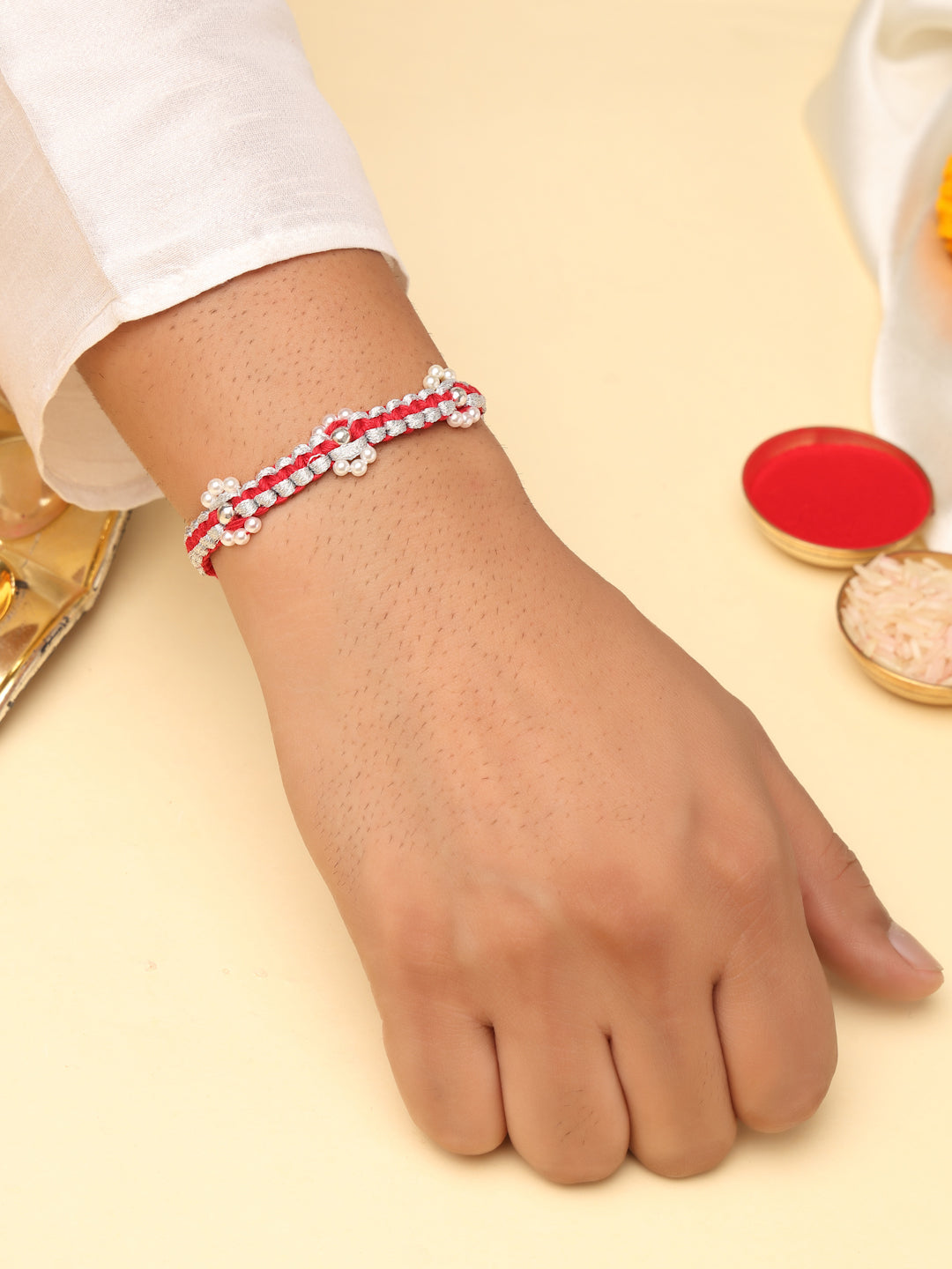 925 Sterling Silver Pearl Rakhi in Handcrafted Red Cord