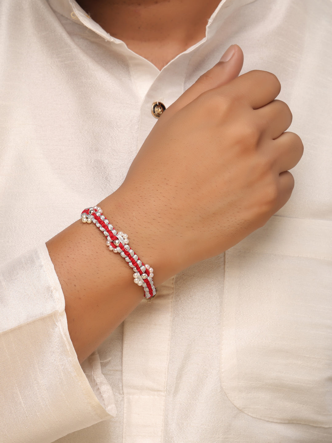 925 Sterling Silver Pearl Rakhi in Handcrafted Red Cord